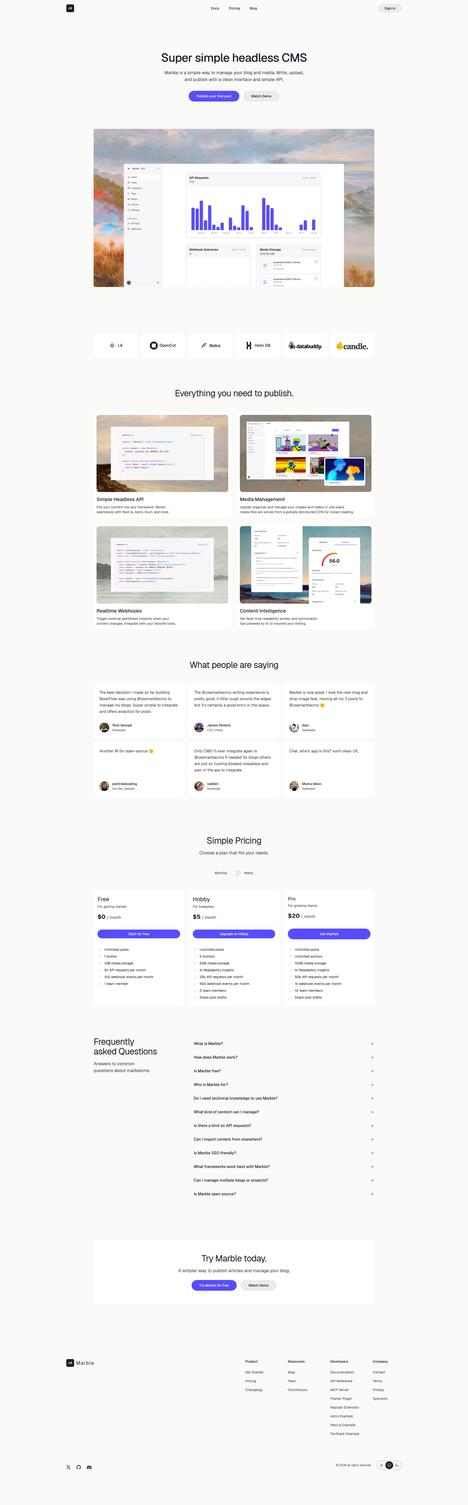 Landing page screenshot for marblecms.com, 1920 by 6167 pixels