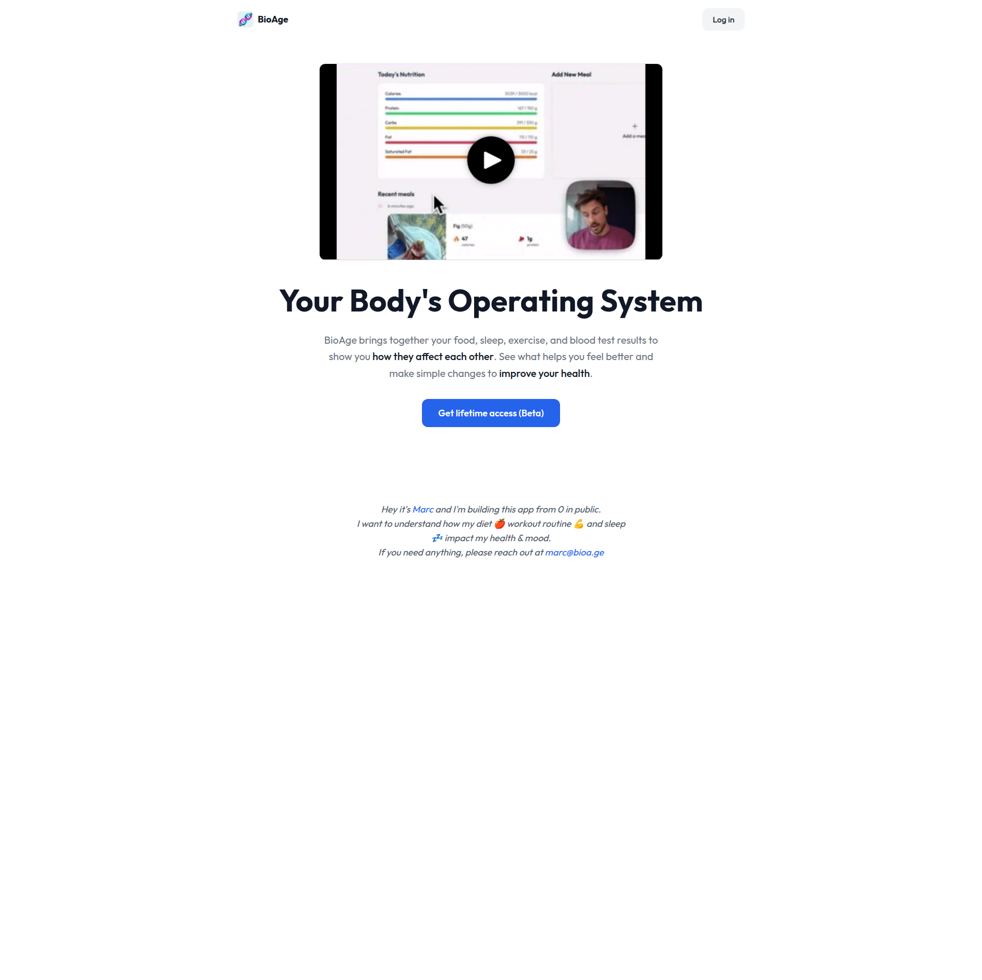 Landing page screenshot for bioa.ge, 1920 by 1916 pixels