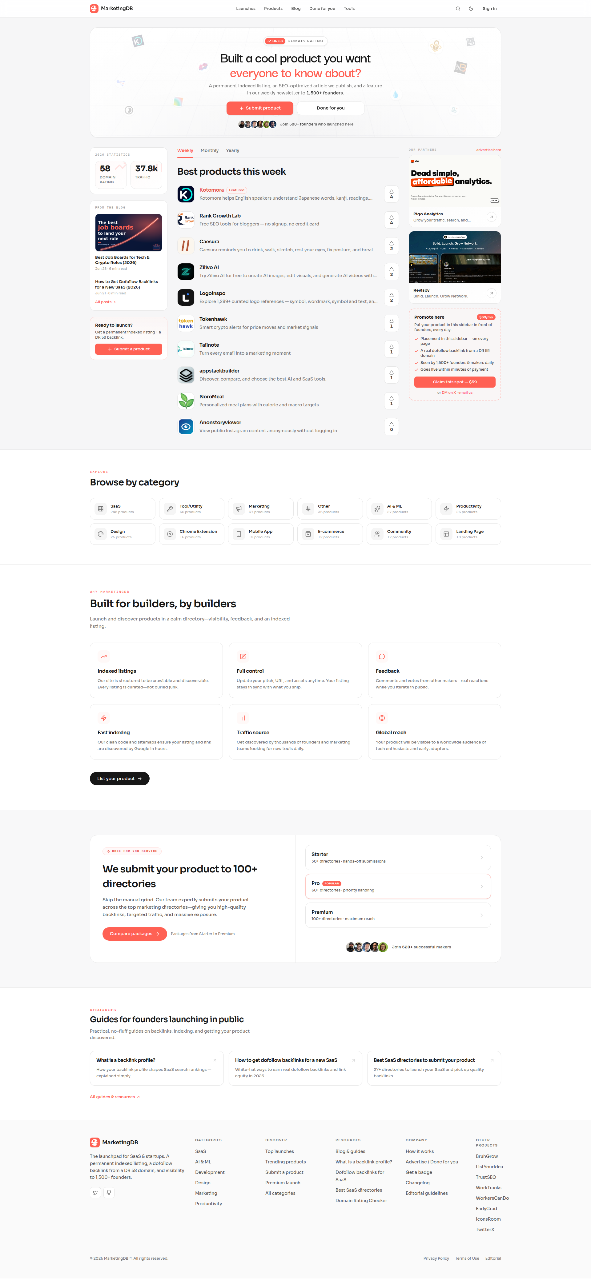 Landing page screenshot for marketingdb.live, 1920 by 4161 pixels