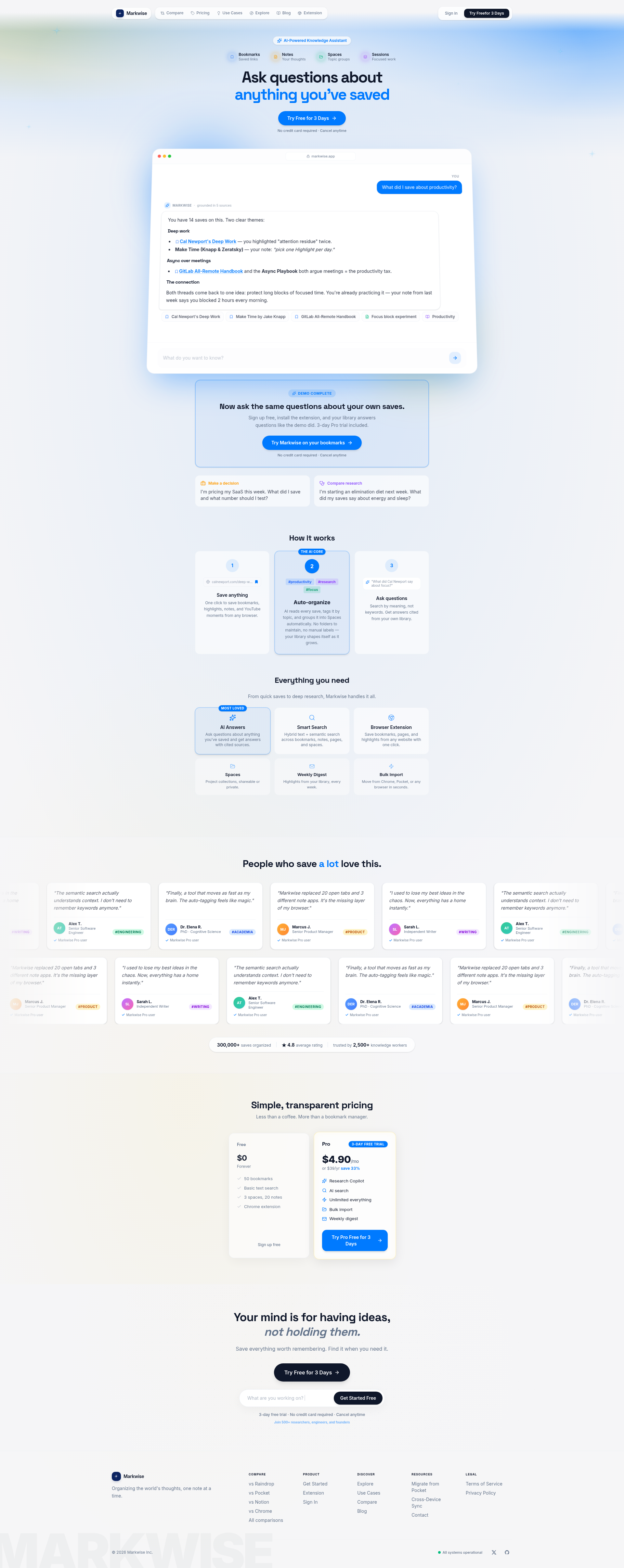 Landing page screenshot for markwise.app, 1920 by 4827 pixels