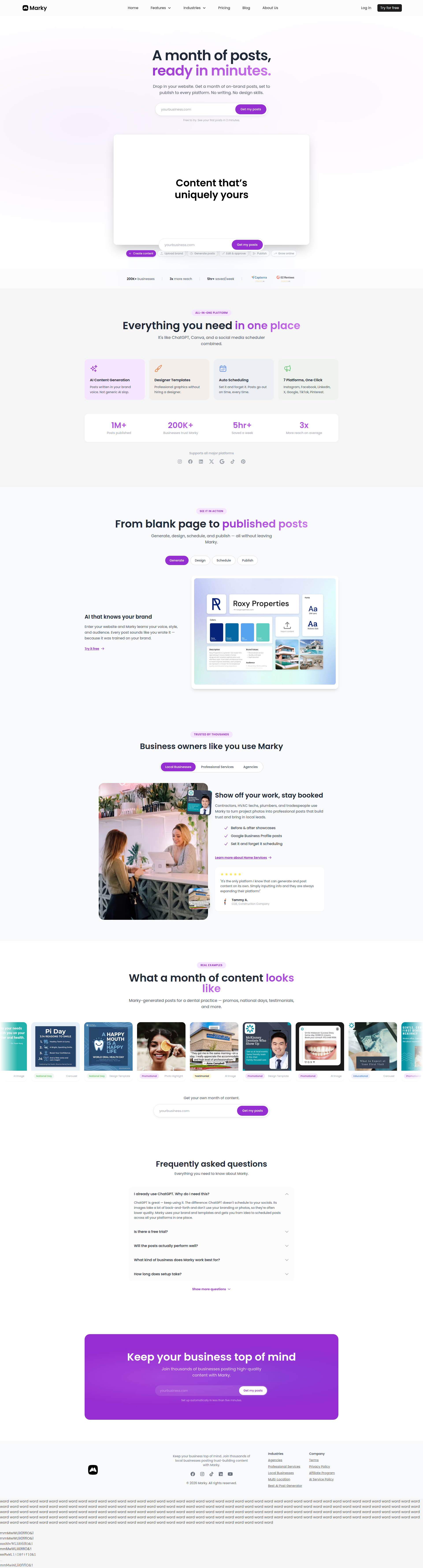 Landing page screenshot for mymarky.ai, 1920 by 7107 pixels