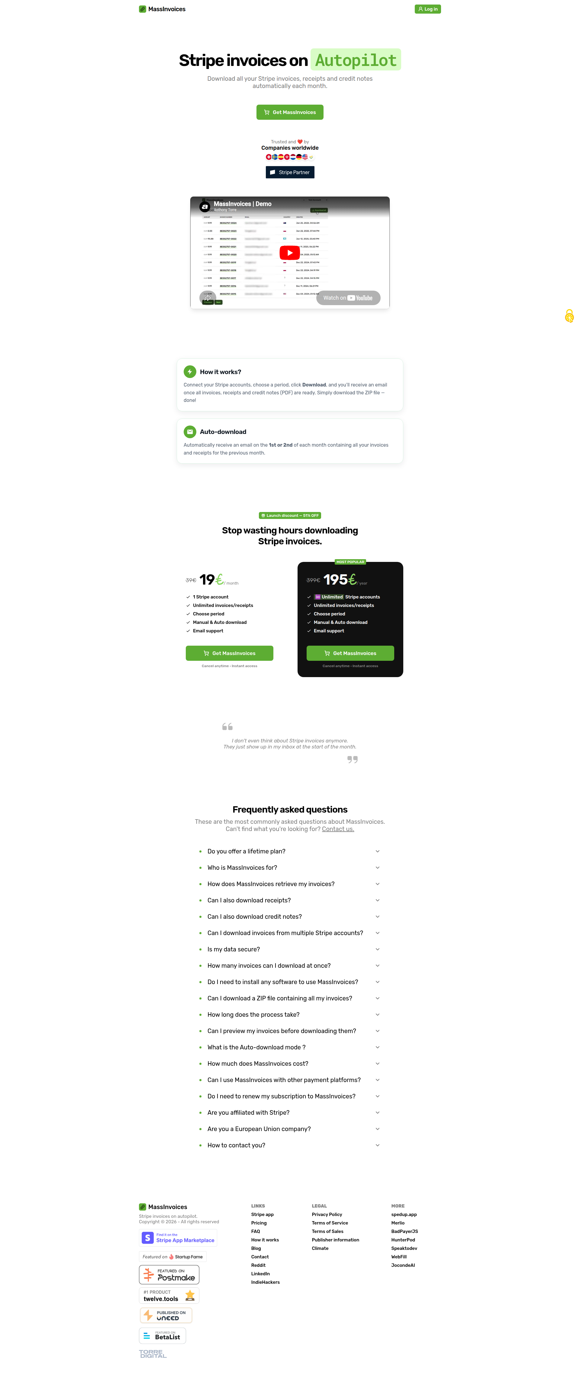 Landing page screenshot for massinvoices.com, 1920 by 4550 pixels