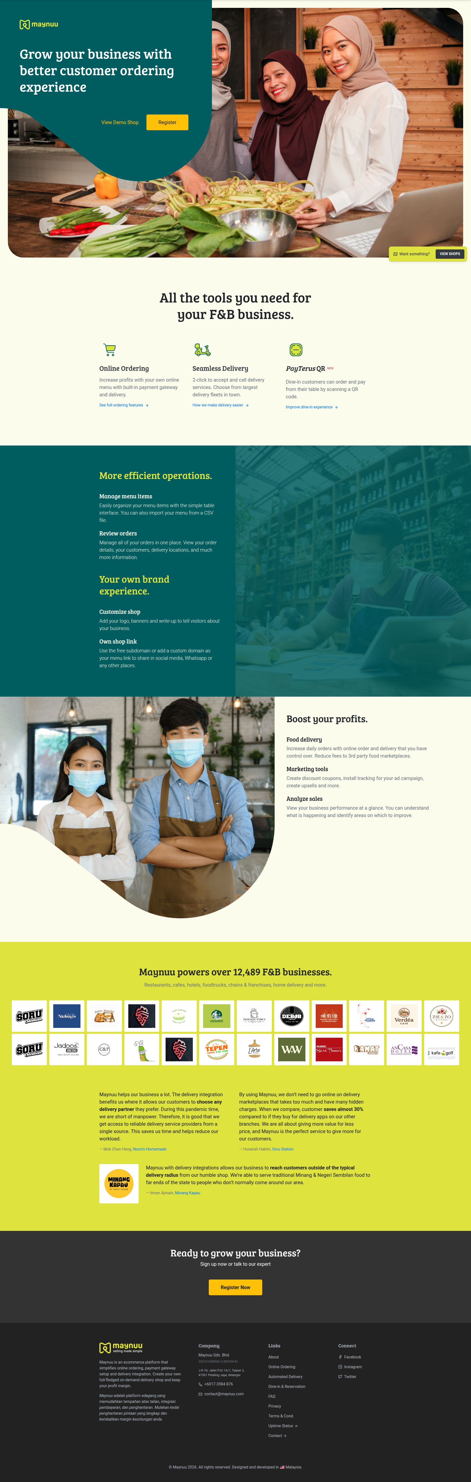 Landing page screenshot for maynuu.com, 1920 by 6031 pixels