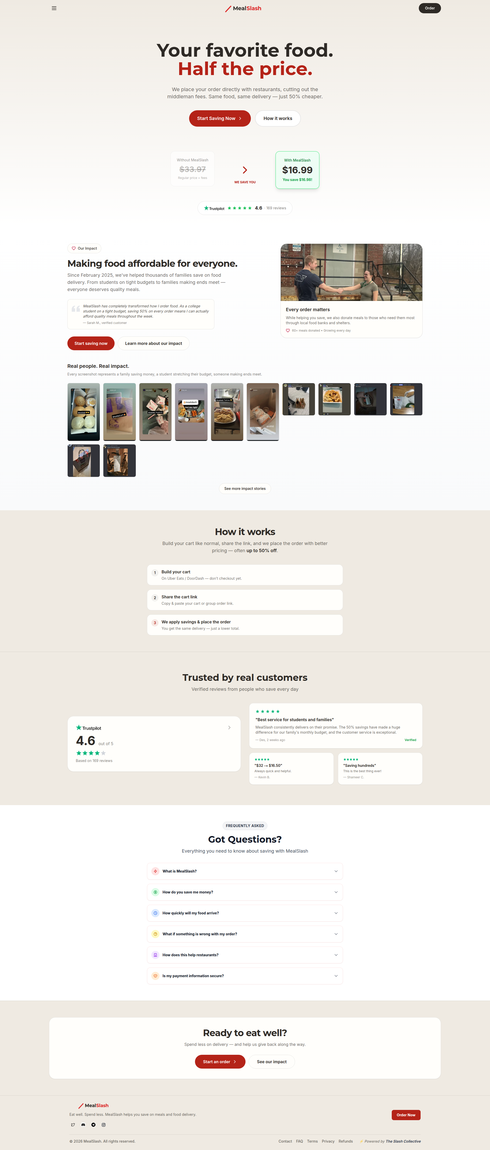 Landing page screenshot for mealslash.com, 1920 by 4505 pixels