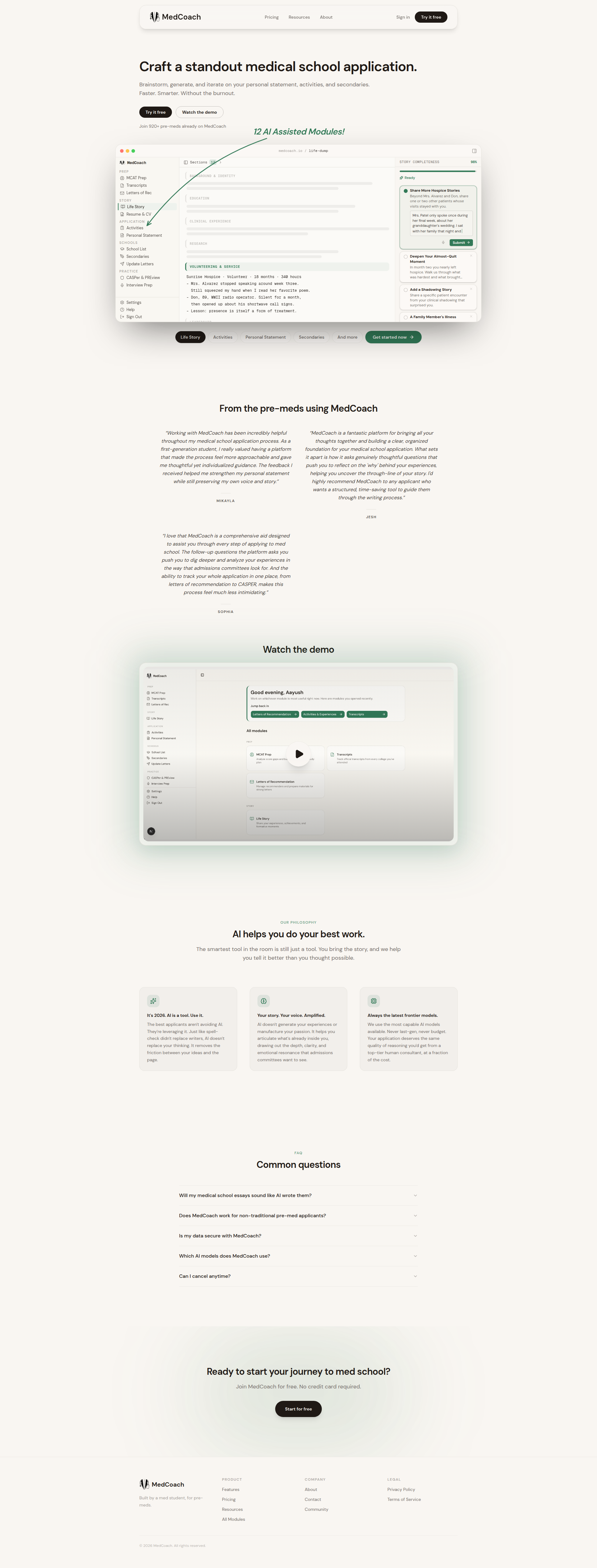 Landing page screenshot for medcoach.io, 1920 by 5047 pixels