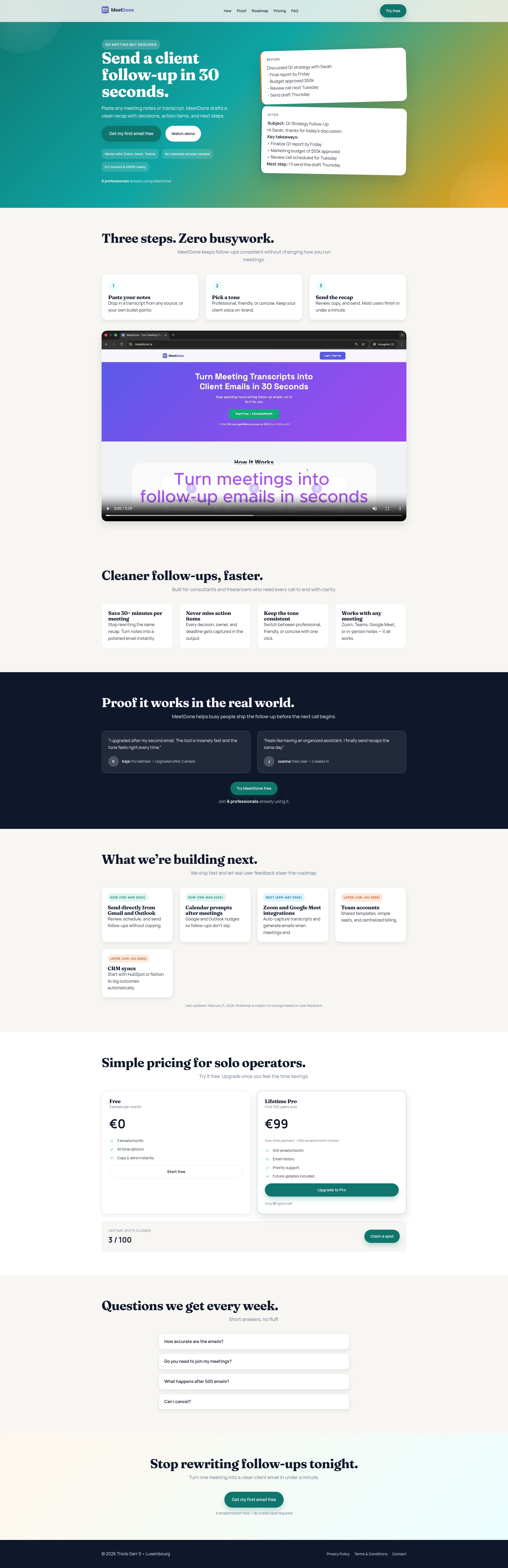 Landing page screenshot for meetdone.io, 1920 by 5923 pixels