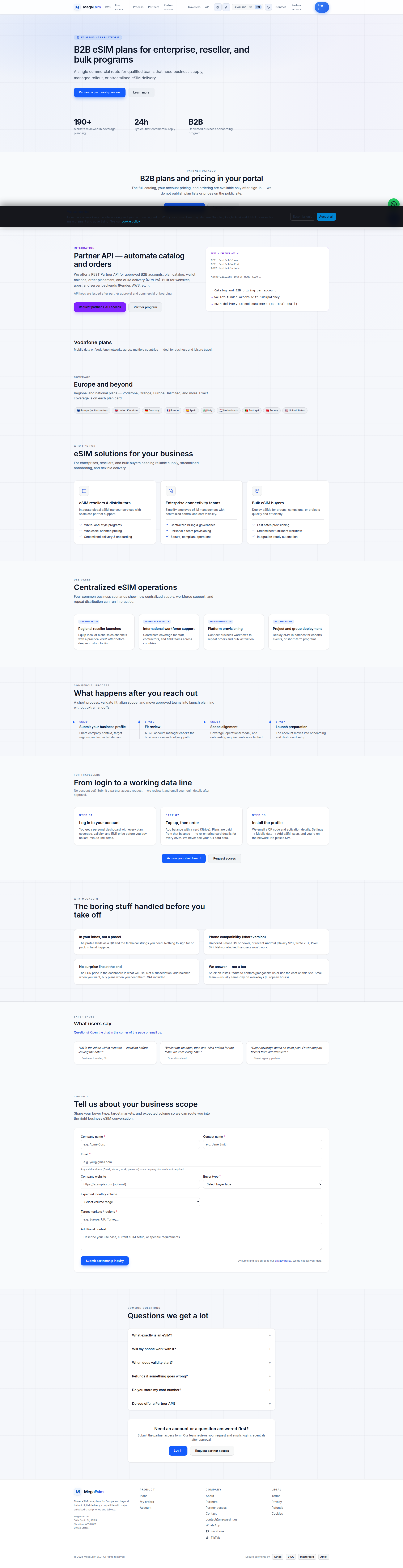Landing page screenshot for megaesim.us, 1920 by 7463 pixels