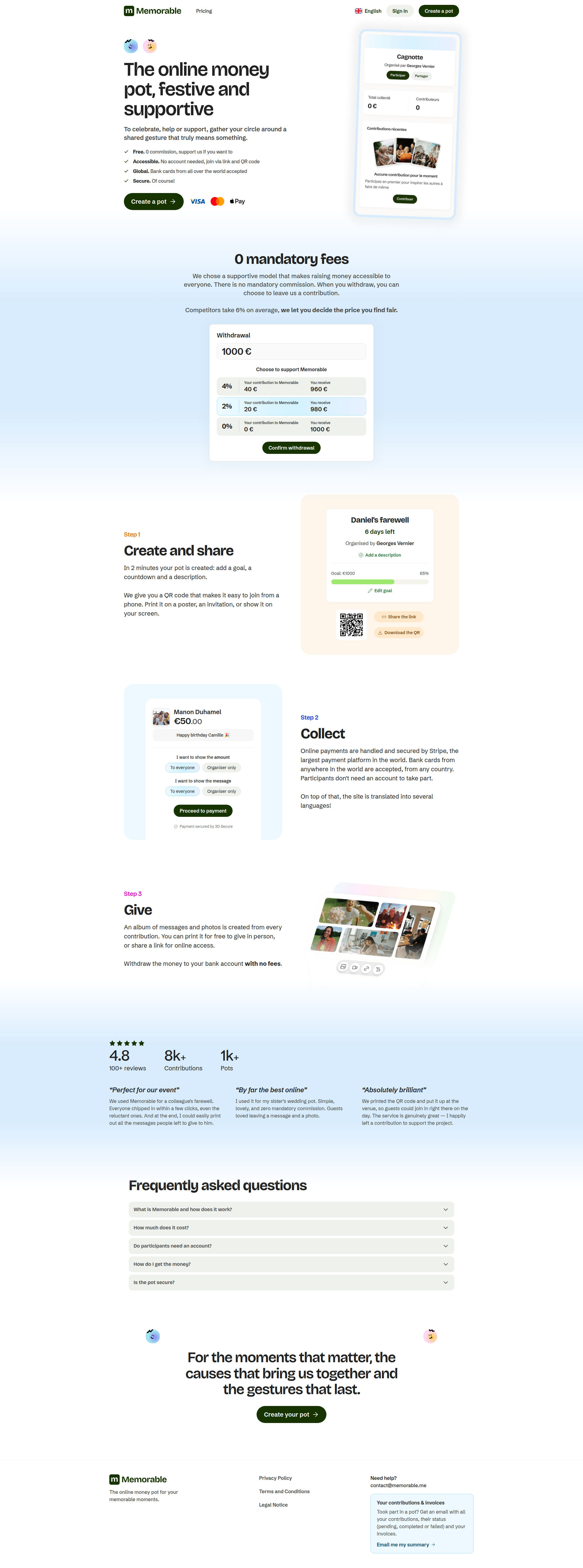 Landing page screenshot for memorable.me, 1920 by 5158 pixels