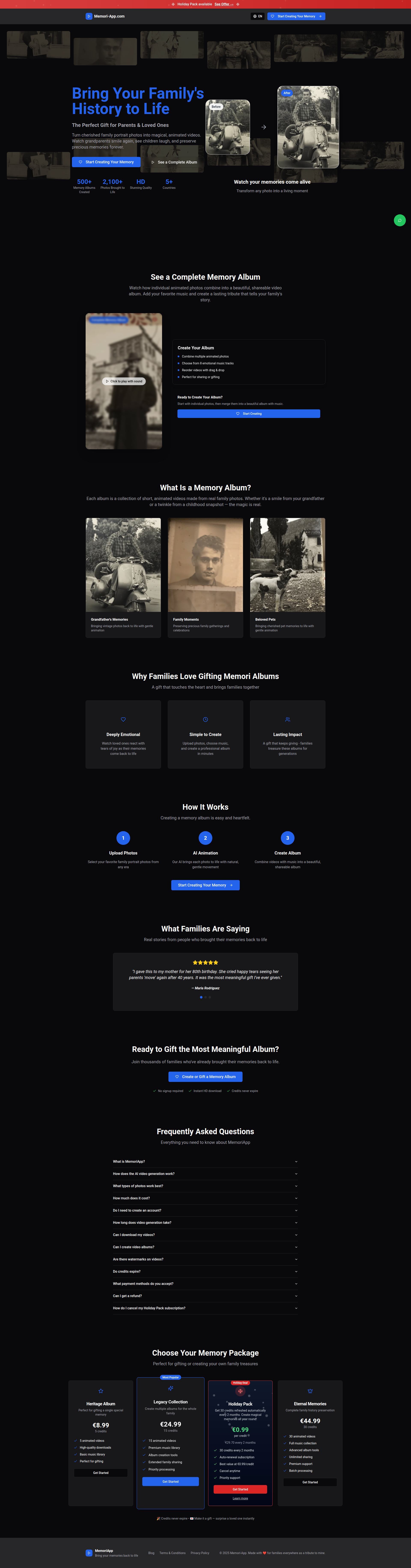 Landing page screenshot for memori-app.com, 1920 by 7316 pixels