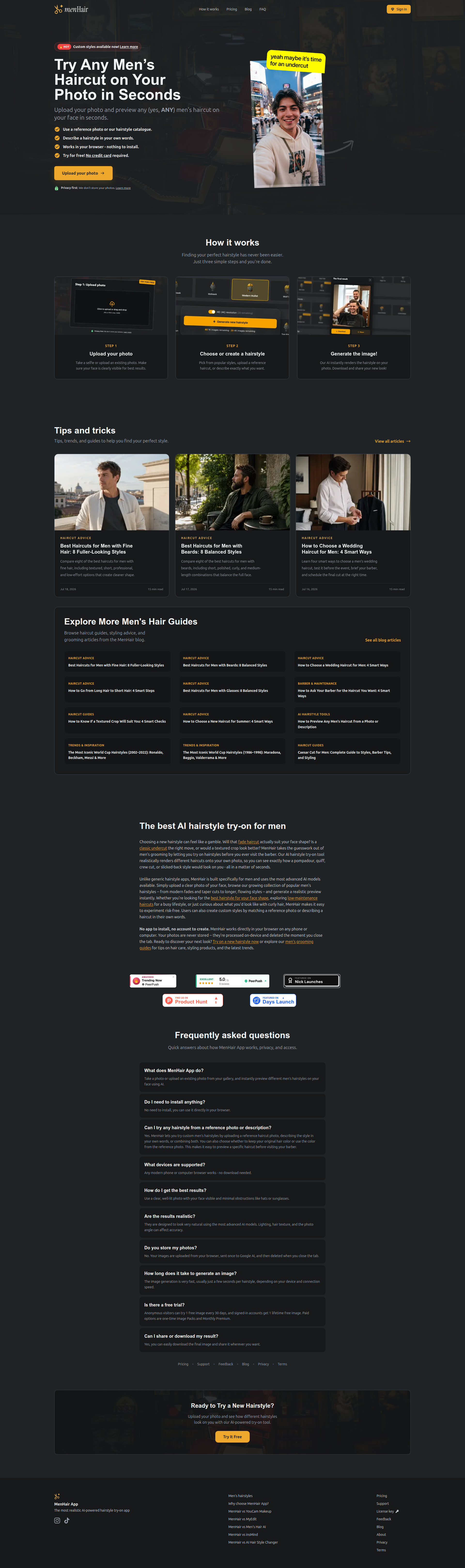 Landing page screenshot for menhair.app, 1920 by 6475 pixels