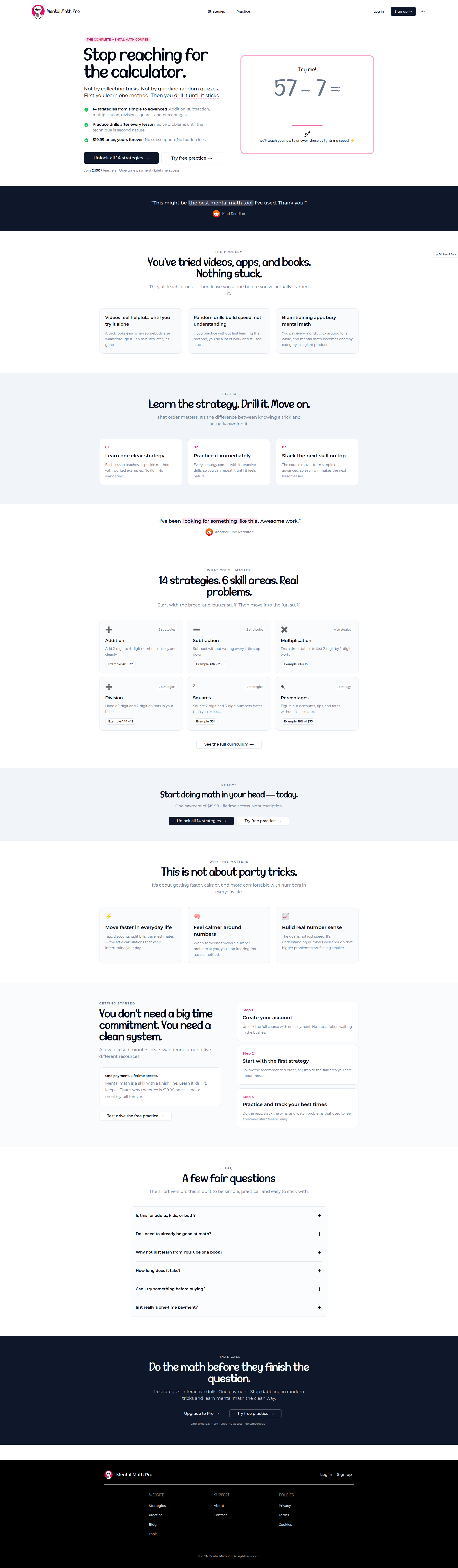Landing page screenshot for mentalmathpro.com, 1920 by 6572 pixels