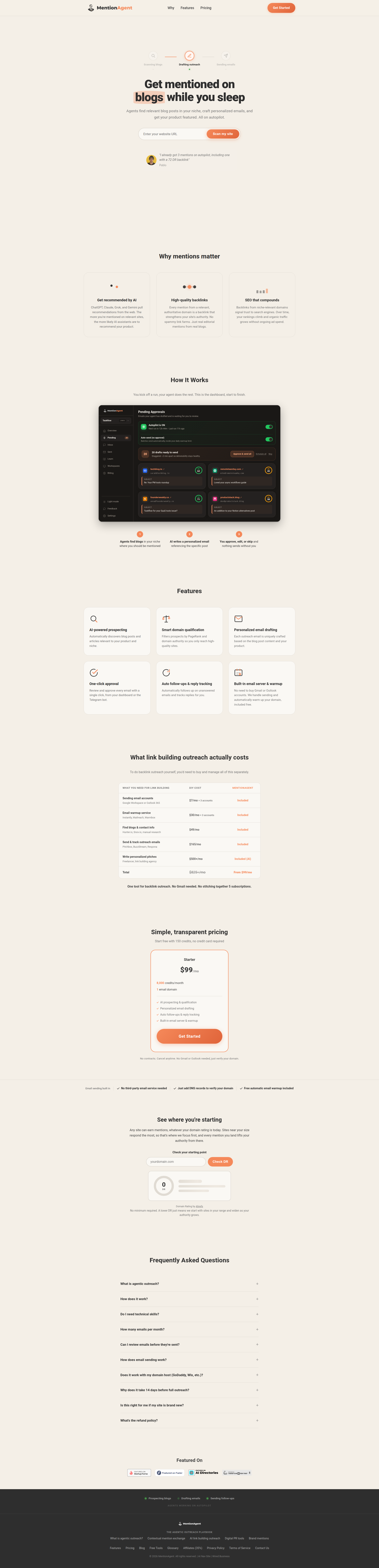 Landing page screenshot for mentionagent.ai, 1920 by 7936 pixels