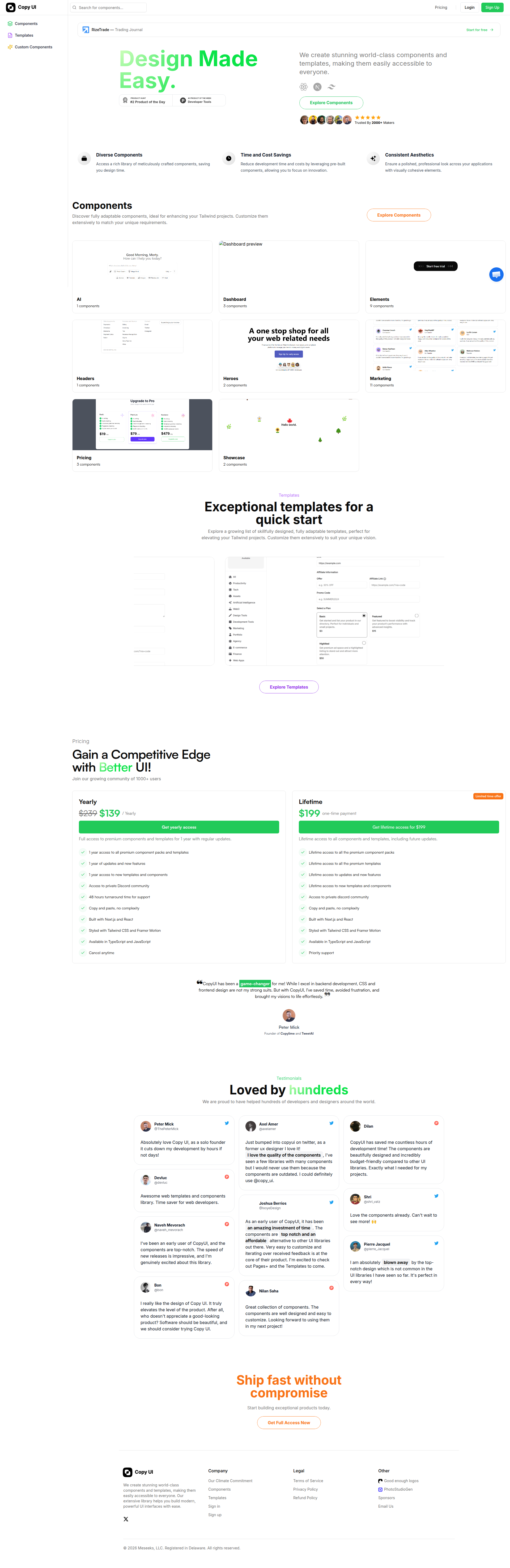 Landing page screenshot for copyui.com, 1920 by 5900 pixels