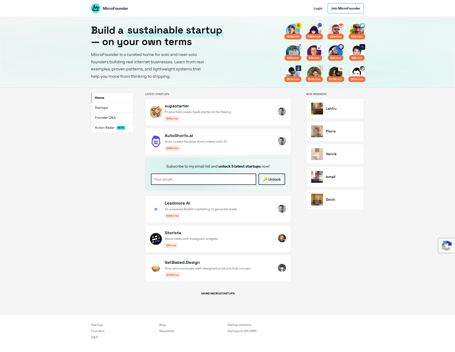 Landing page screenshot for microfounder.com, 1920 by 1485 pixels