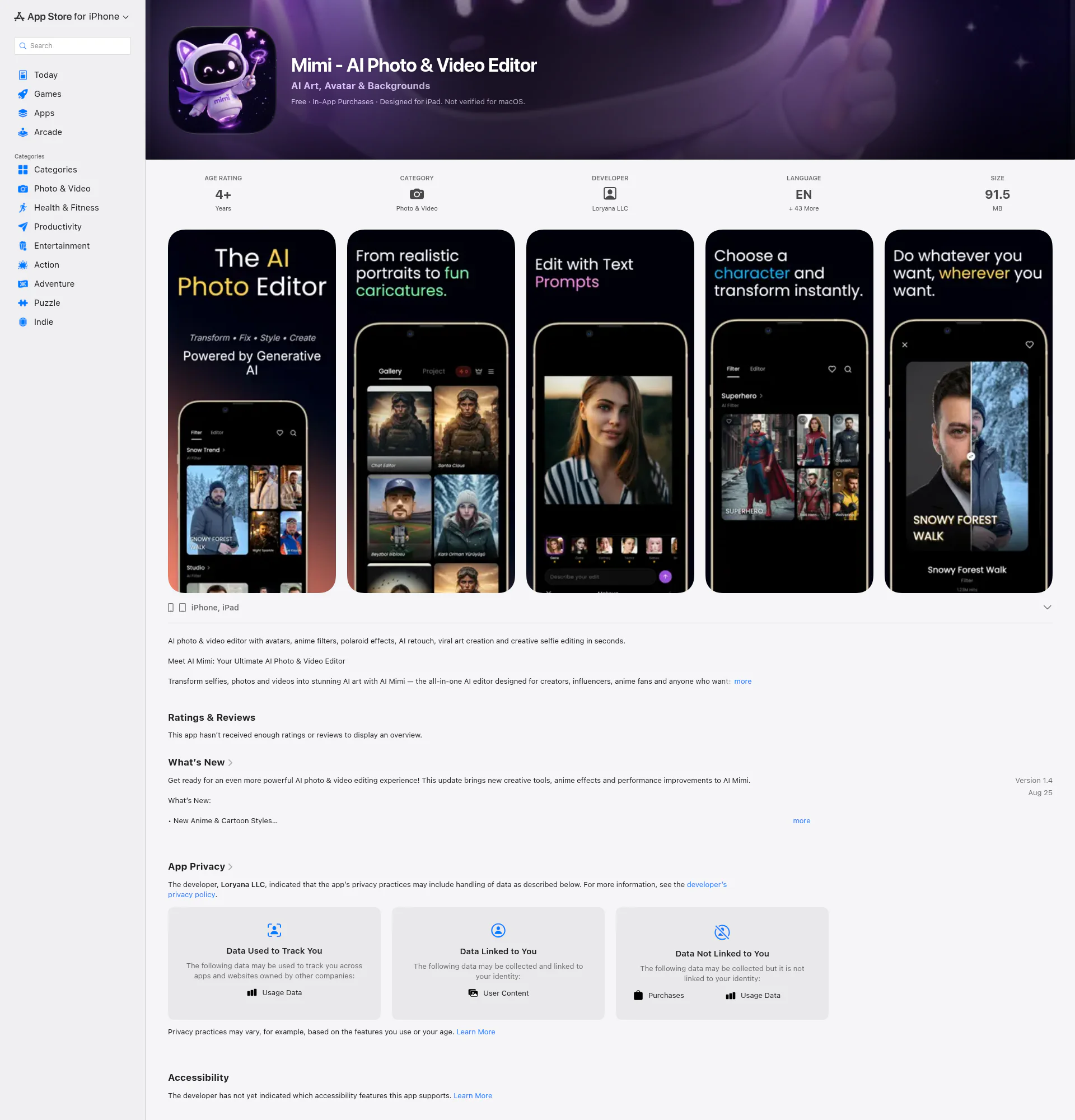 Mimi – AI Photo Editor landing page