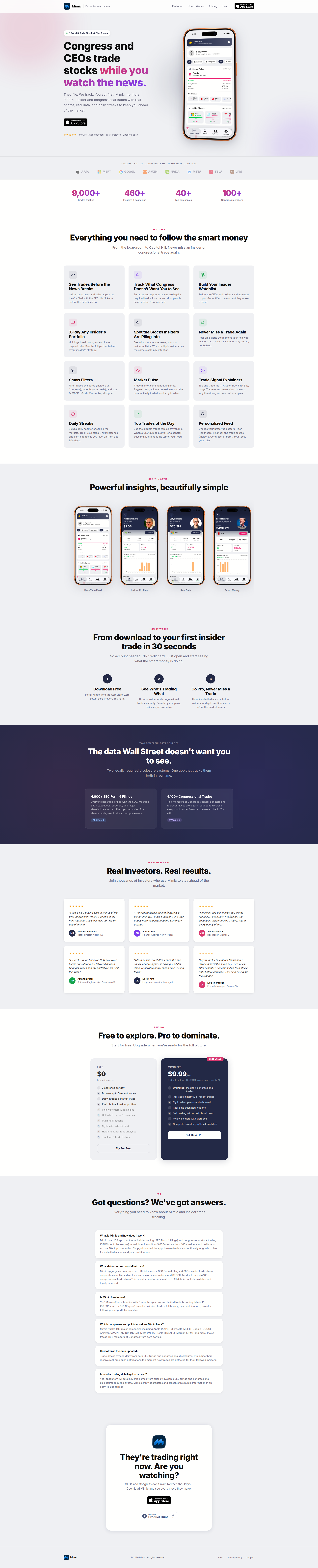 Landing page screenshot for mimicapp.app, 1920 by 9461 pixels