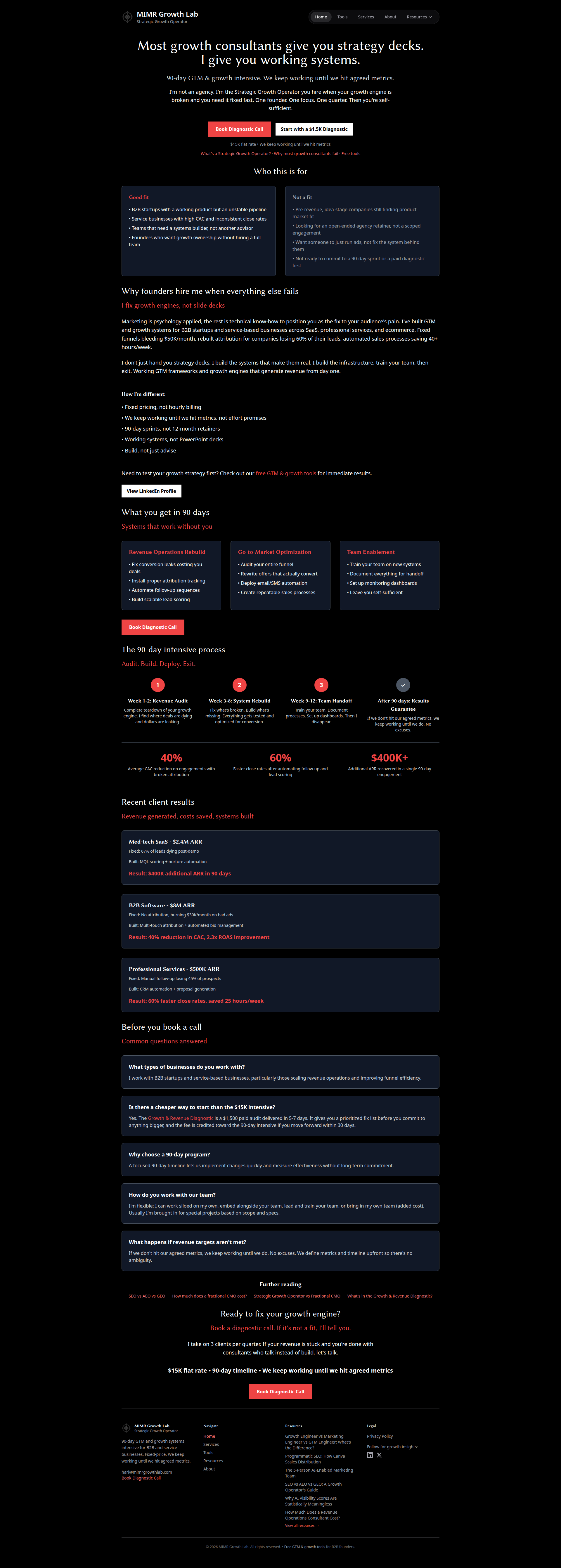 Landing page screenshot for mimrgrowthlab.com, 1920 by 5368 pixels