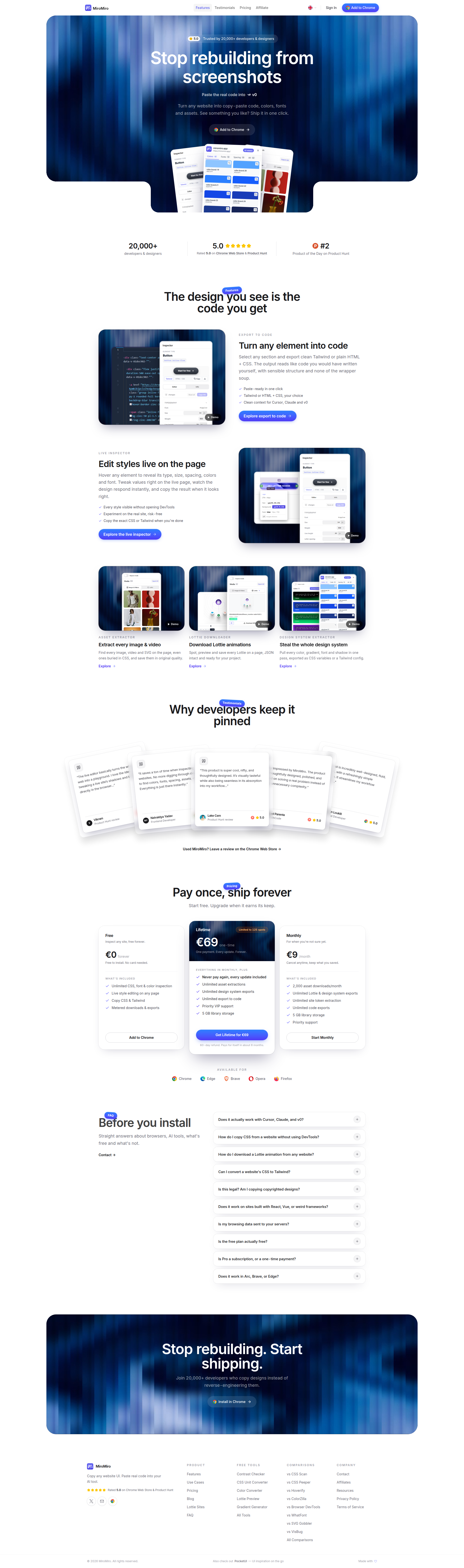 Landing page screenshot for miromiro.app, 1920 by 6480 pixels