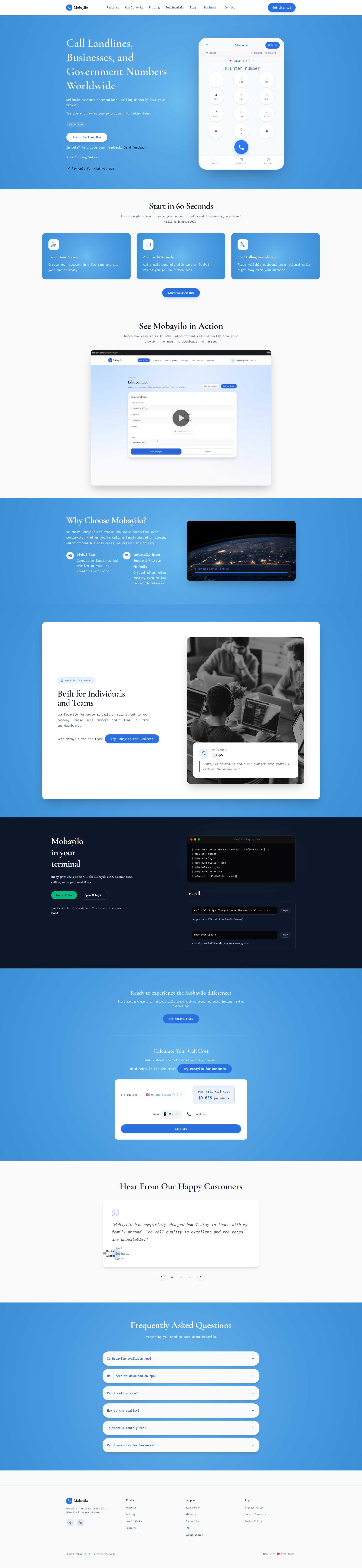 Landing page screenshot for mobayilo.com, 1920 by 8327 pixels