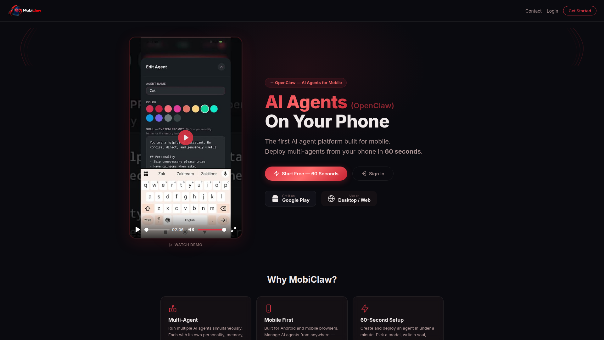 Landing page screenshot for mobiclaw.ai, 1920 by 1080 pixels