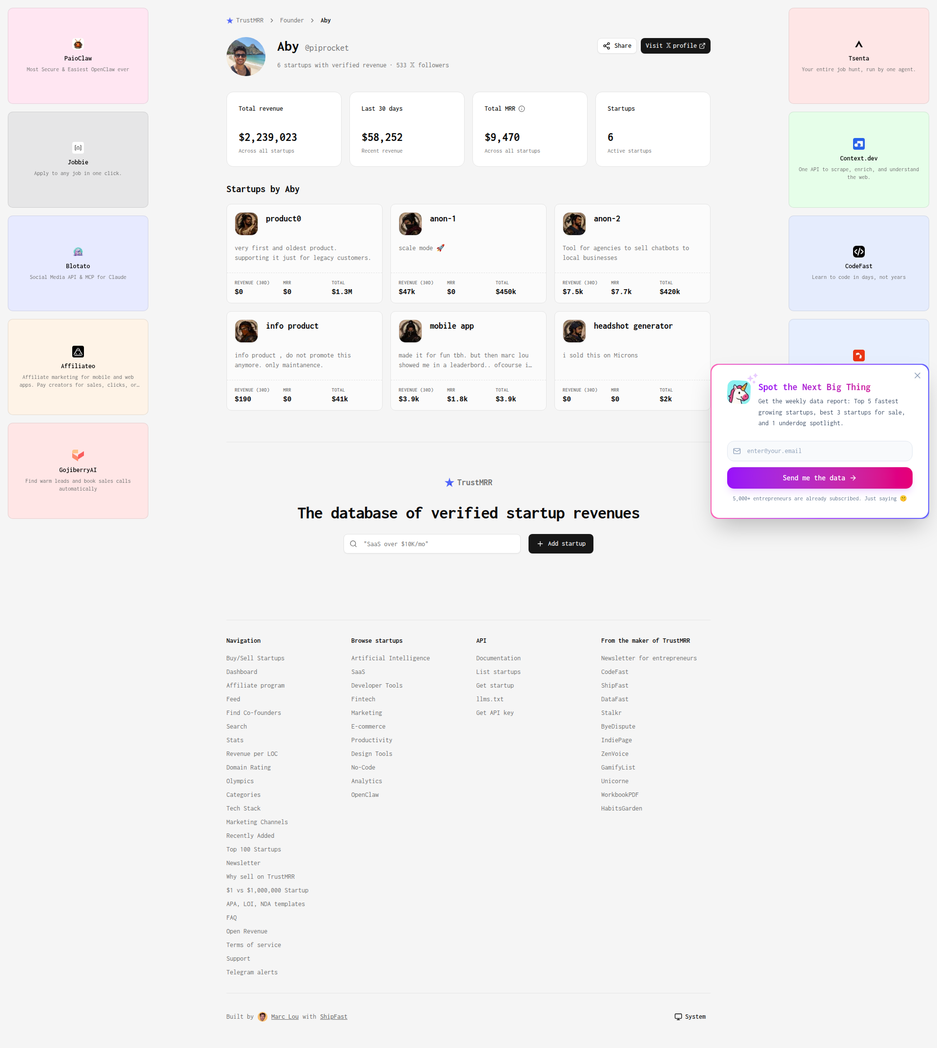 Landing page screenshot for trustmrr.com, 1920 by 2149 pixels