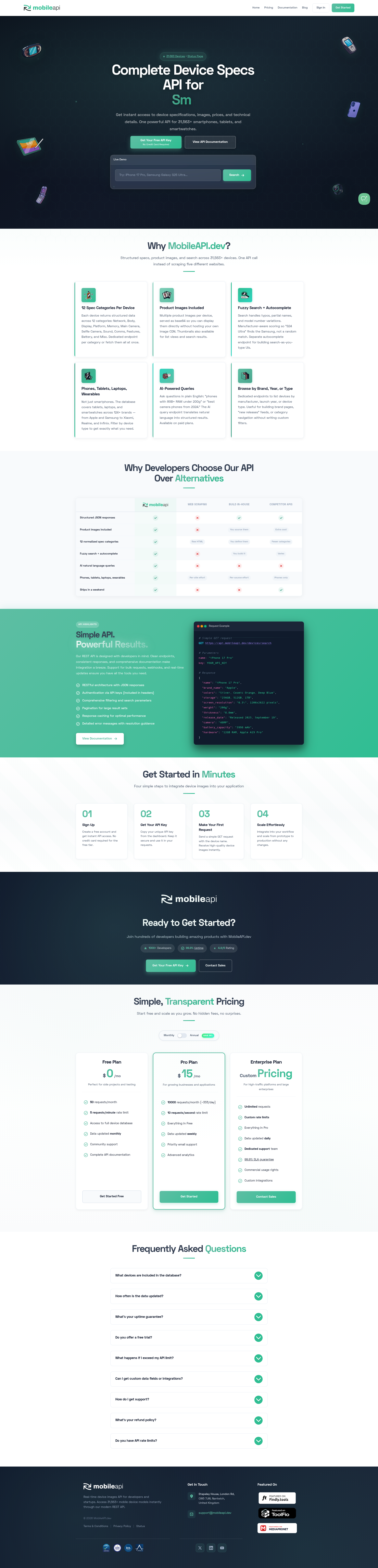 Landing page screenshot for mobileapi.dev, 1920 by 7960 pixels