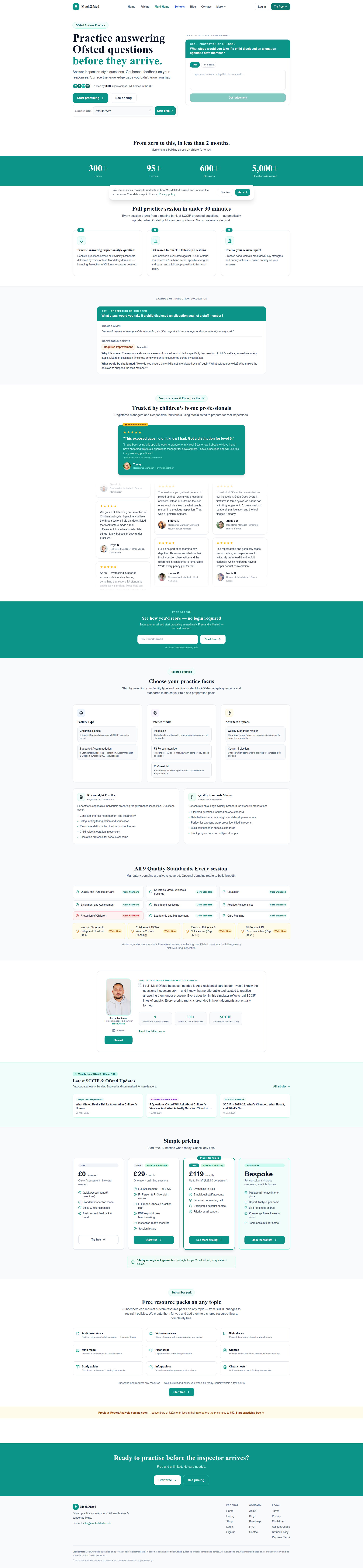 Landing page screenshot for mockofsted.co.uk, 1920 by 8288 pixels