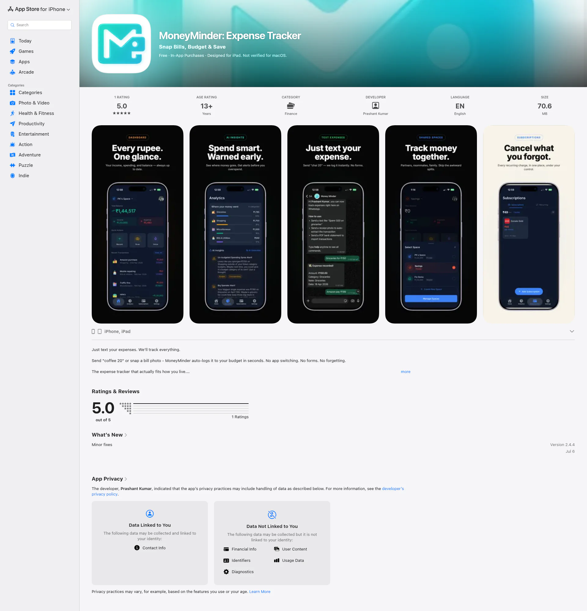 Money Minder landing page