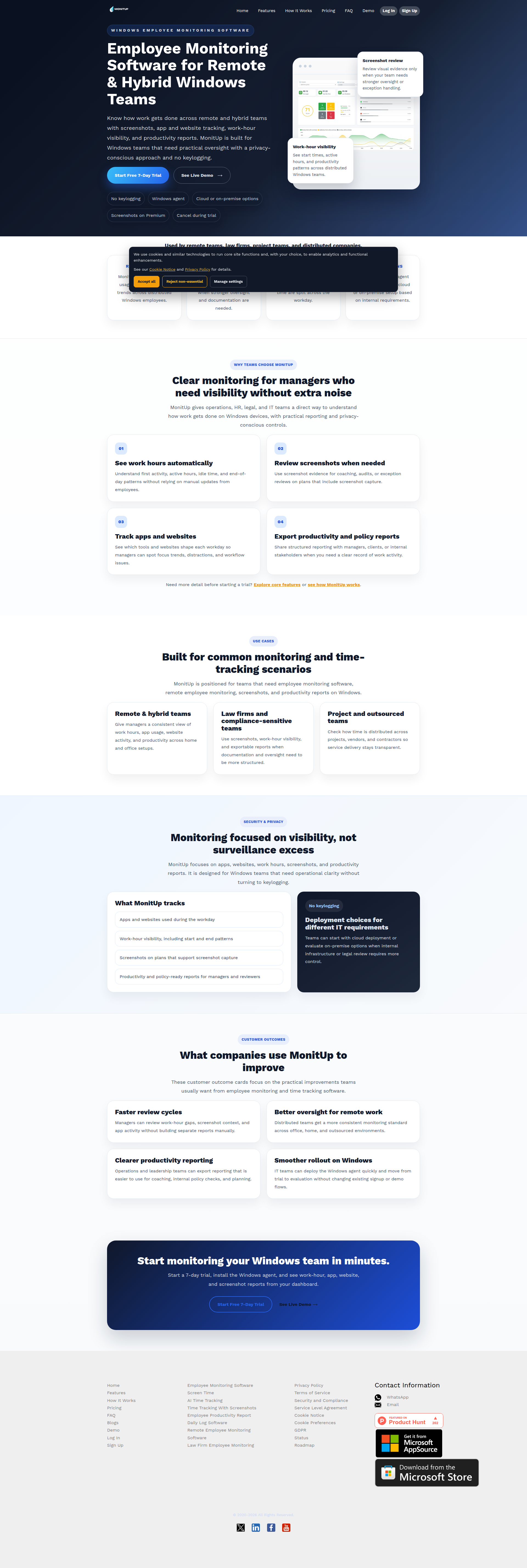 Landing page screenshot for monitup.com, 1920 by 5712 pixels