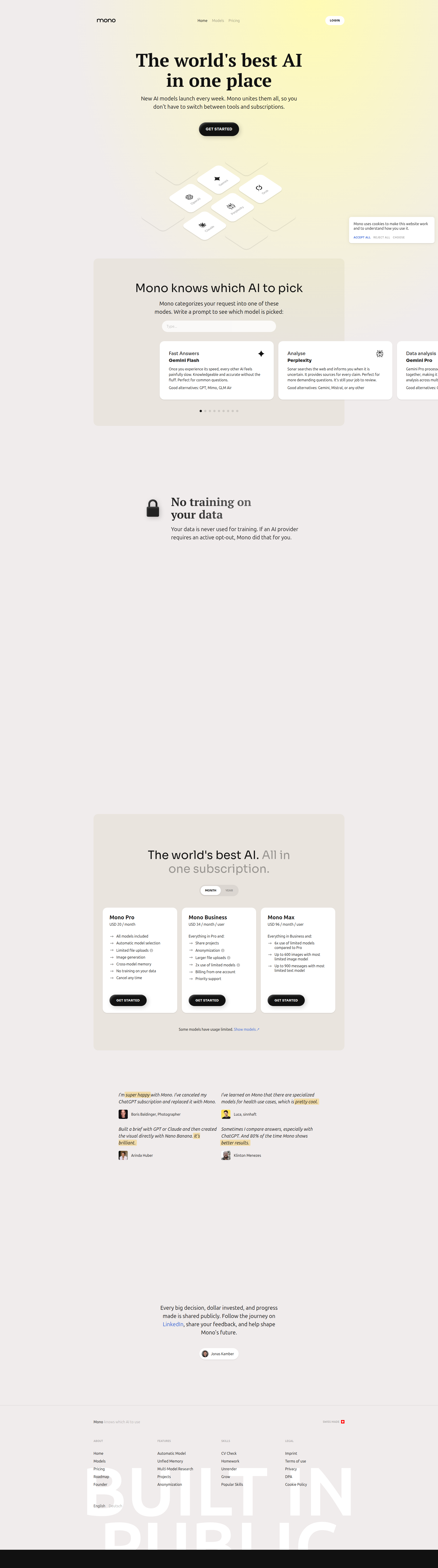 Landing page screenshot for mono.chat, 1920 by 6867 pixels