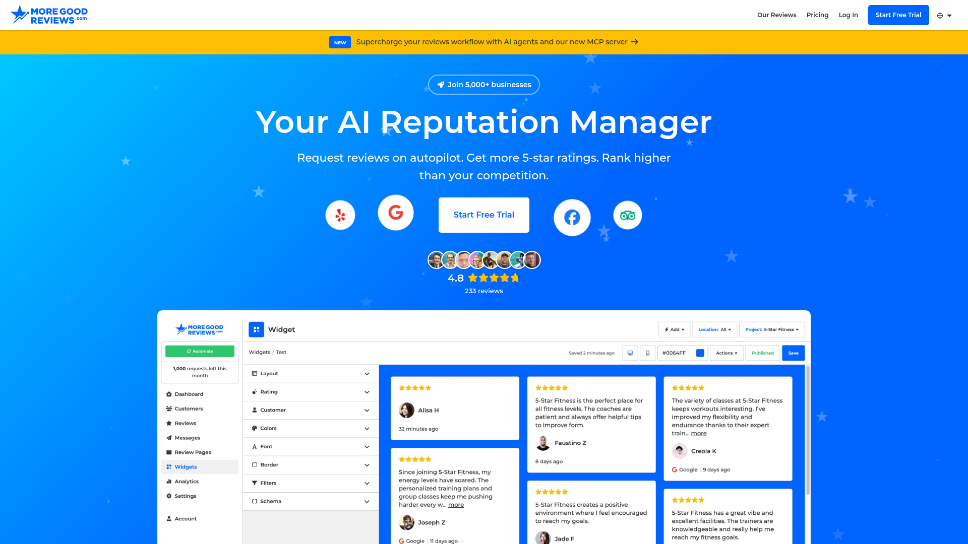 Landing page screenshot for moregoodreviews.com, 1920 by 1080 pixels