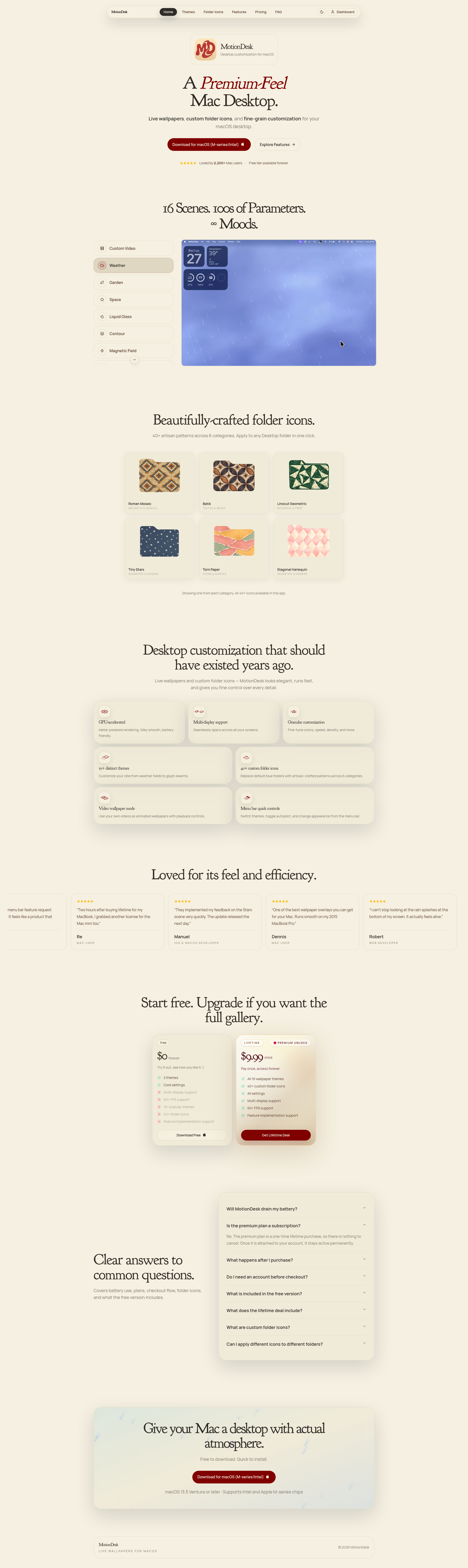 Landing page screenshot for motiondesk.app, 1920 by 6434 pixels