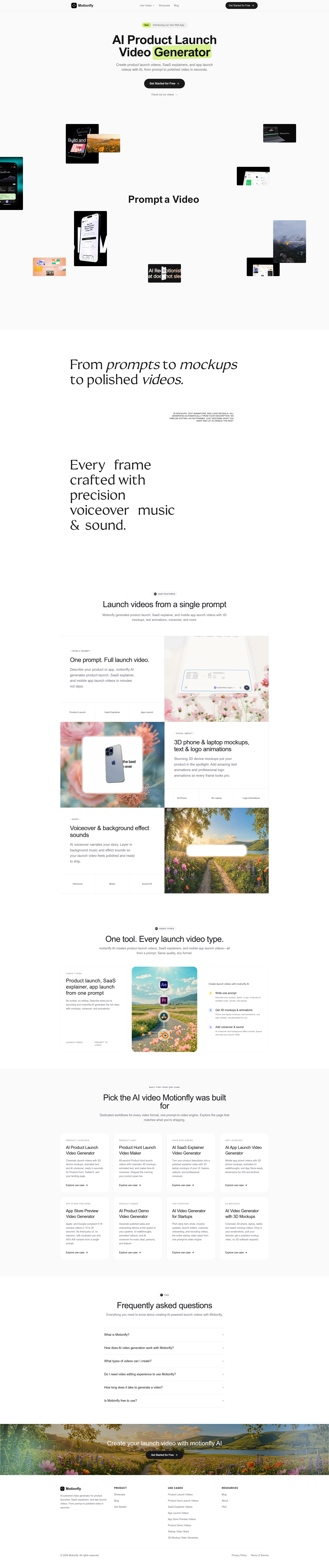 Landing page screenshot for motionfly.co, 1920 by 9155 pixels
