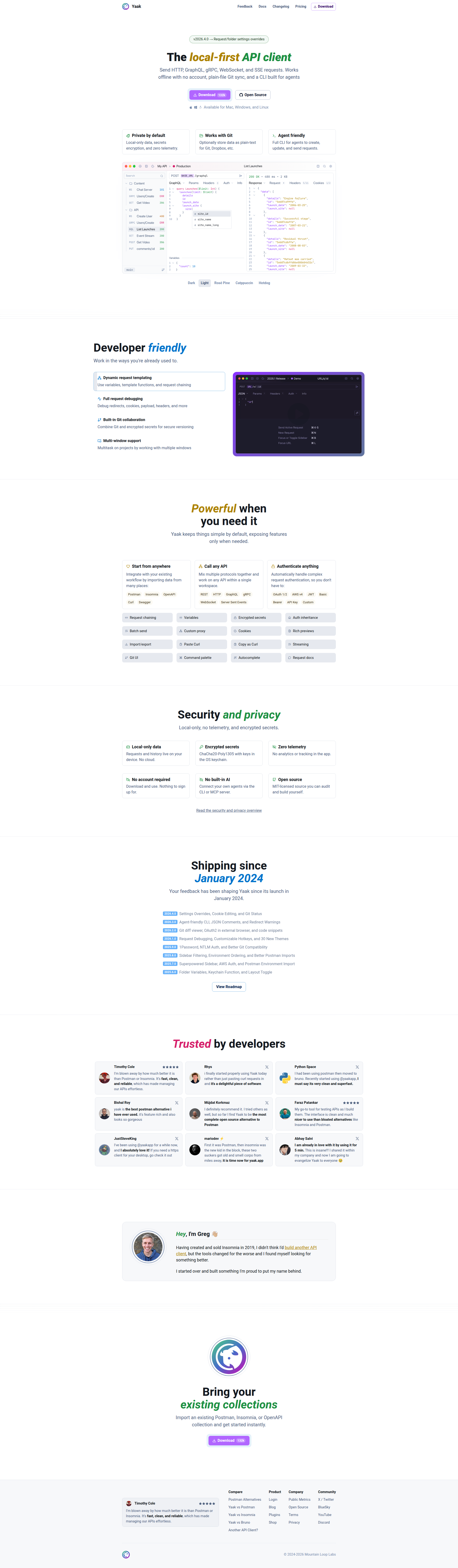 Landing page screenshot for yaak.app, 1920 by 6573 pixels