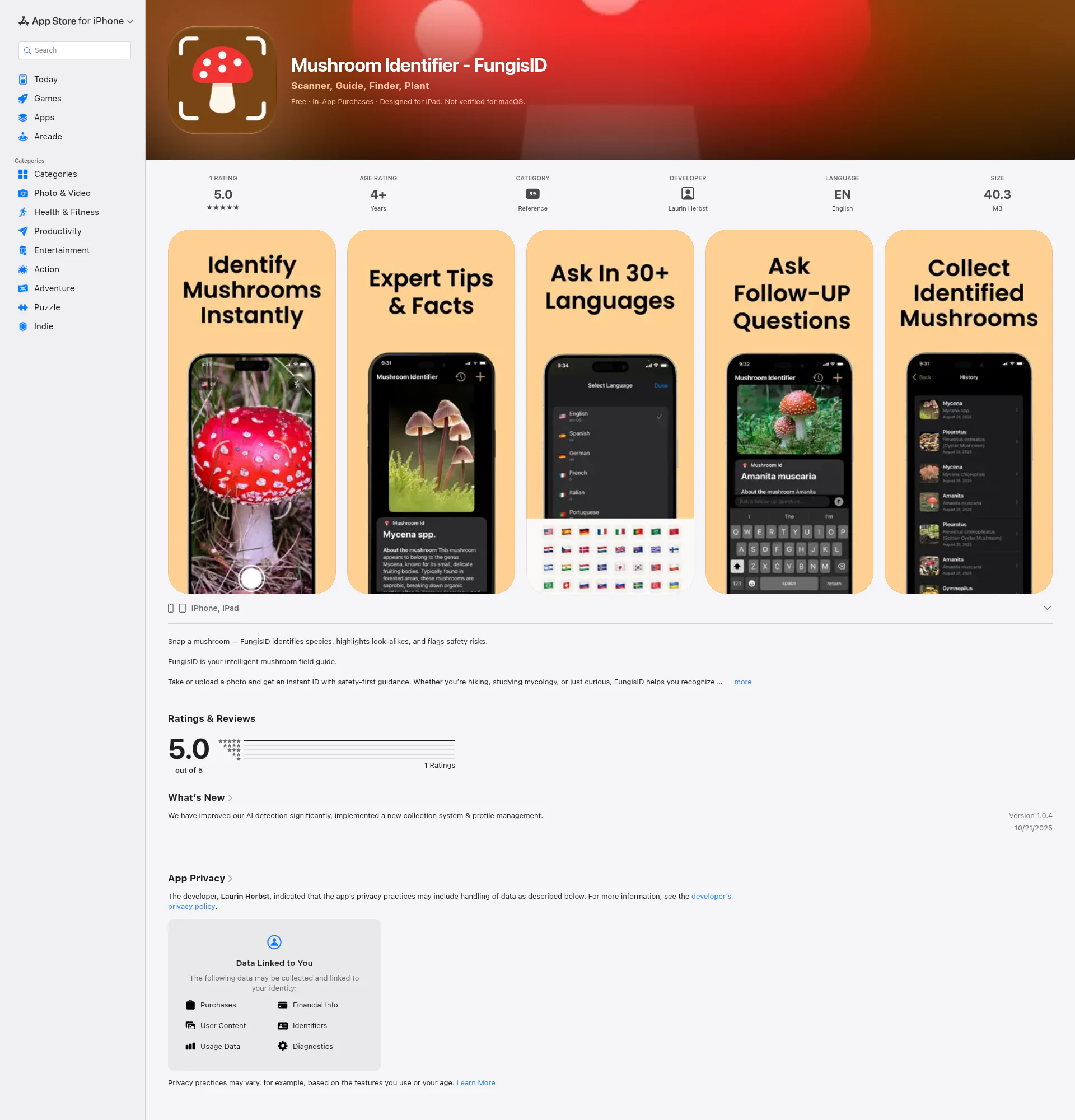 Mushroom Identifier landing page
