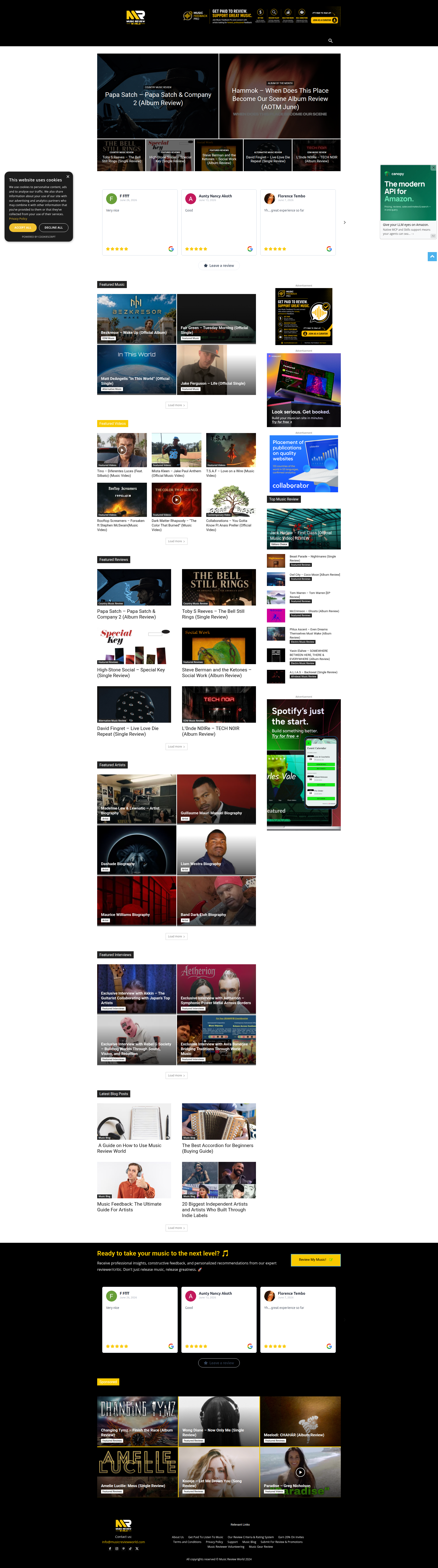 Landing page screenshot for musicreviewworld.com, 1920 by 6880 pixels