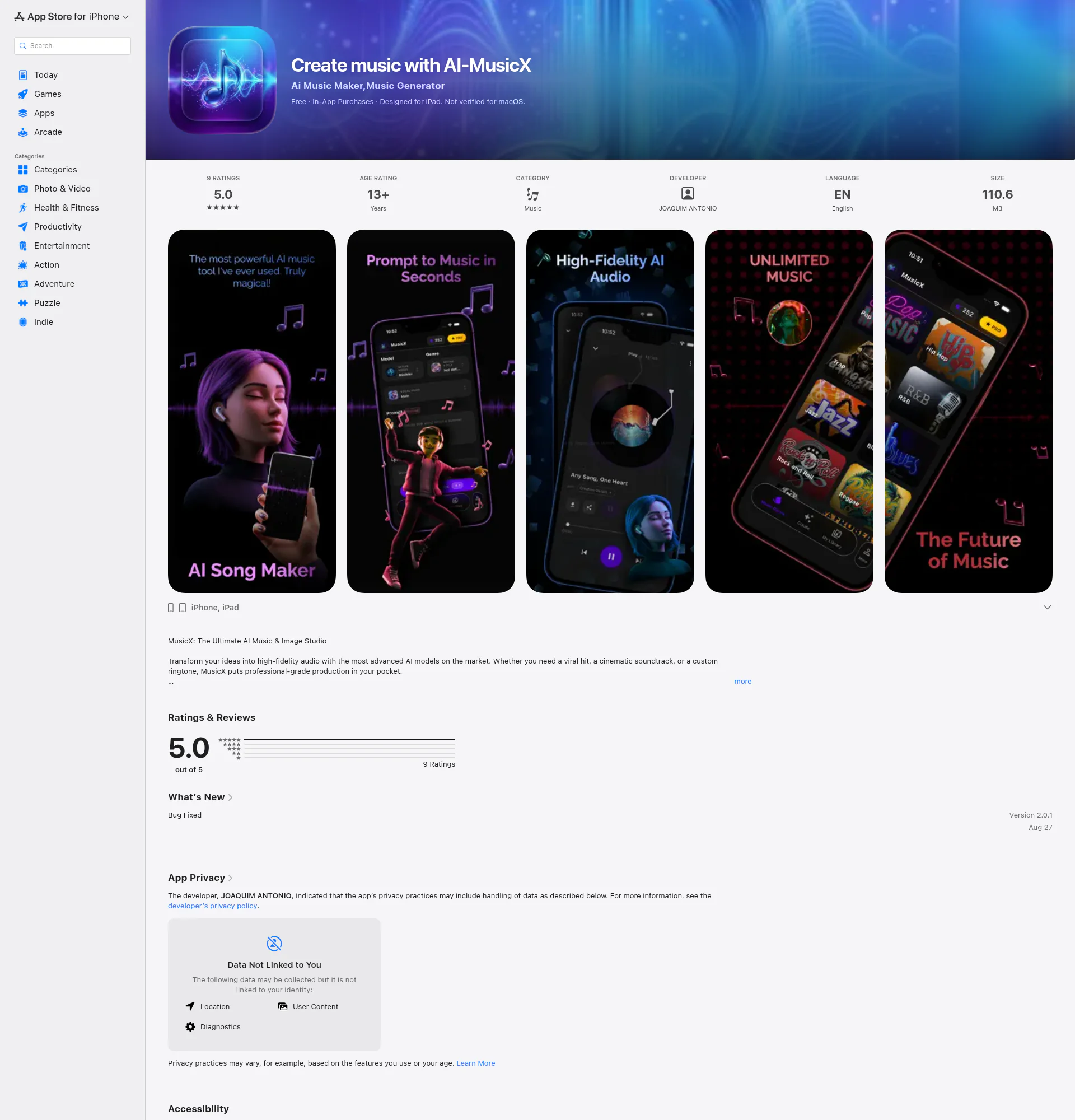 AI Music Generator(iOS+macOS)— MusicX landing page