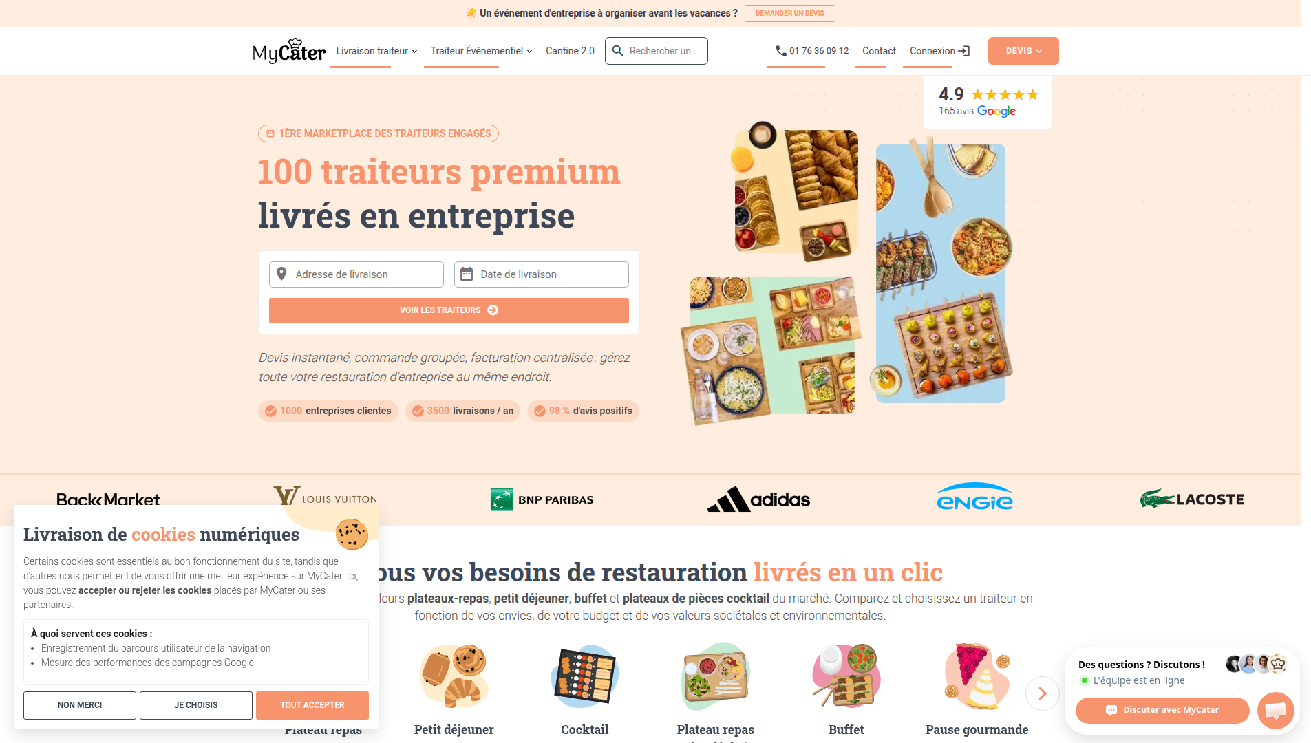 Landing page screenshot for mycater.fr, 1905 by 1080 pixels