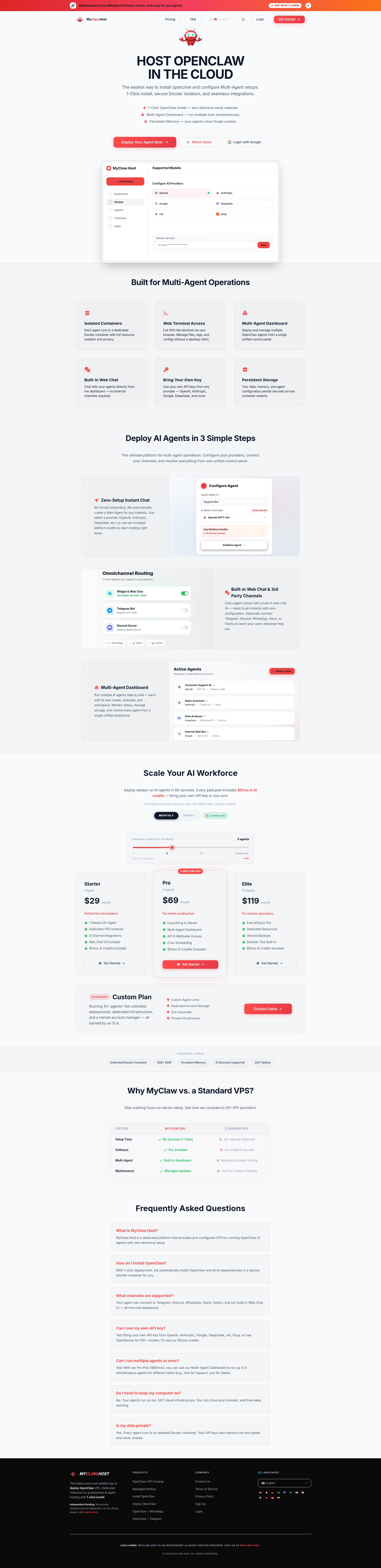 Landing page screenshot for myclaw.host, 1920 by 7904 pixels