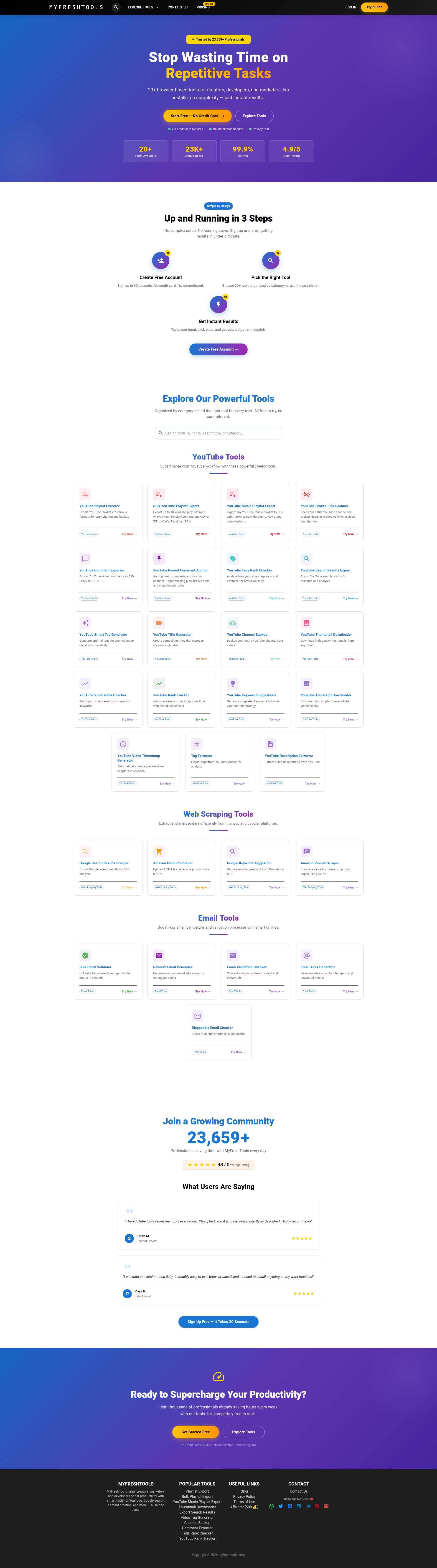 Landing page screenshot for myfreshtools.com, 1920 by 6879 pixels