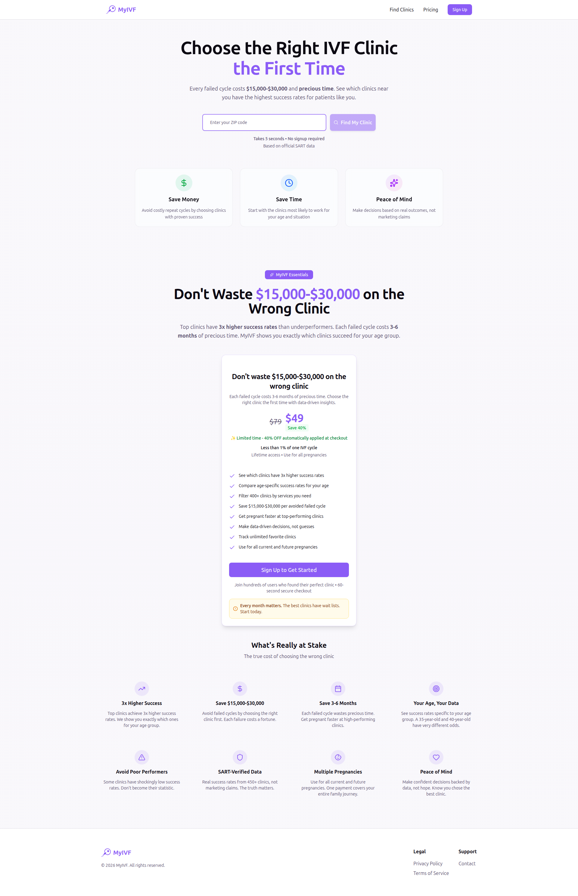 Landing page screenshot for myivf.app, 1920 by 2978 pixels