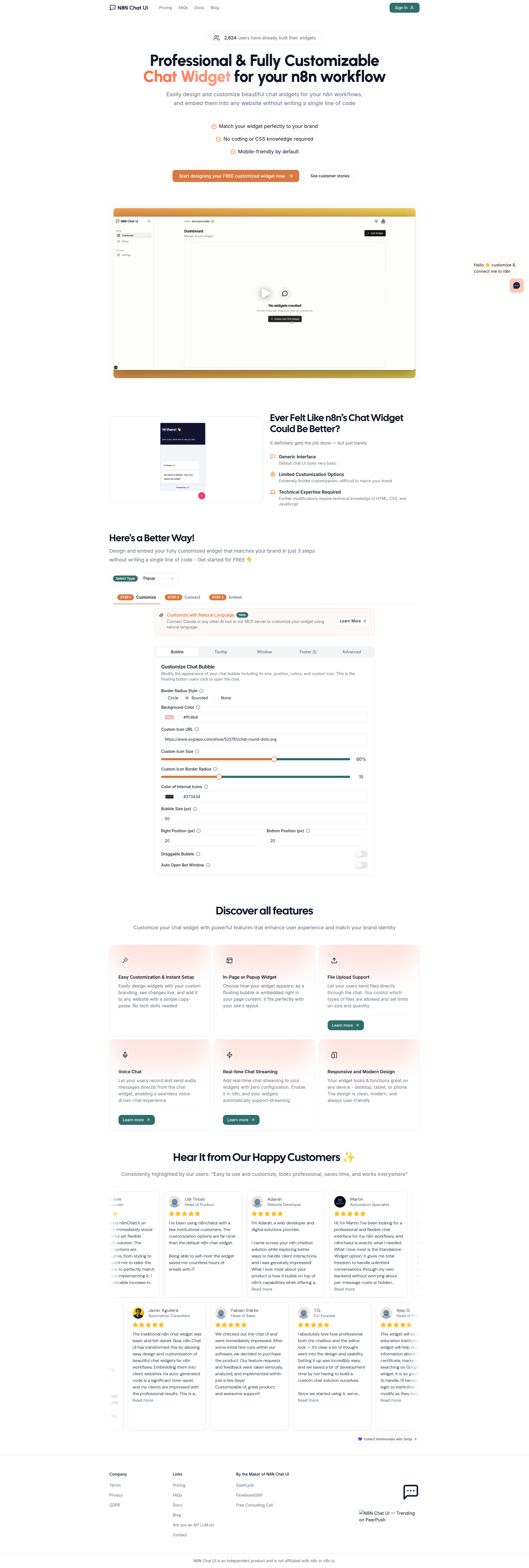Landing page screenshot for n8nchatui.com, 1920 by 5686 pixels