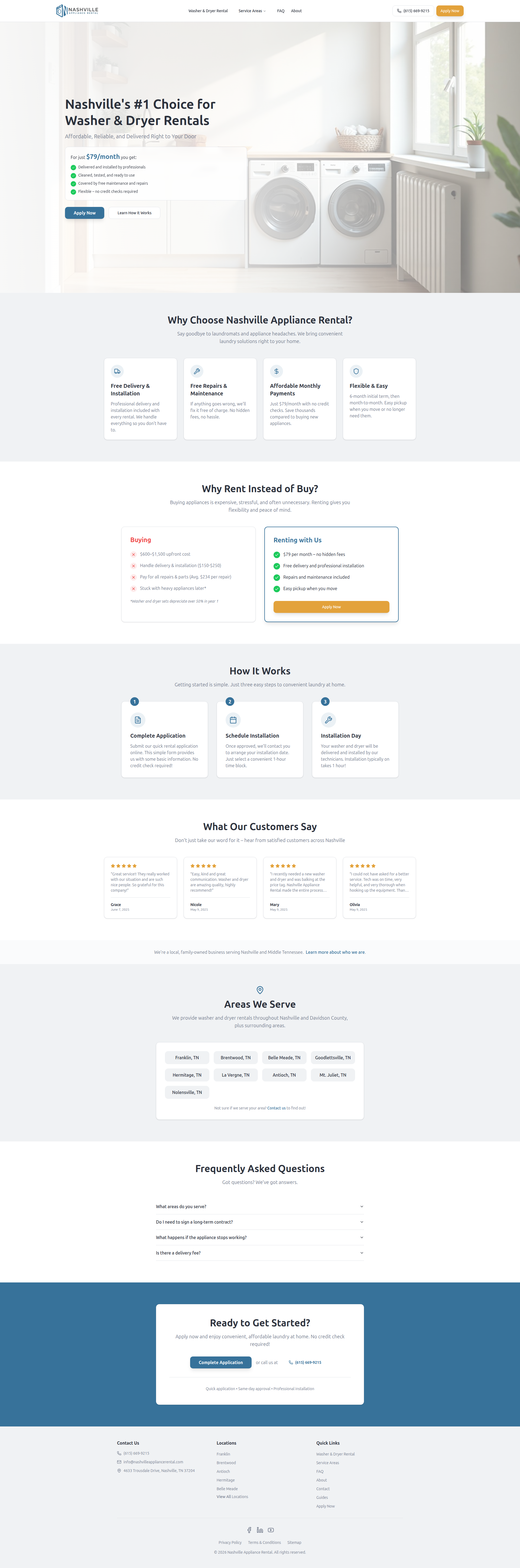 Landing page screenshot for nashvilleappliancerental.com, 1920 by 5782 pixels