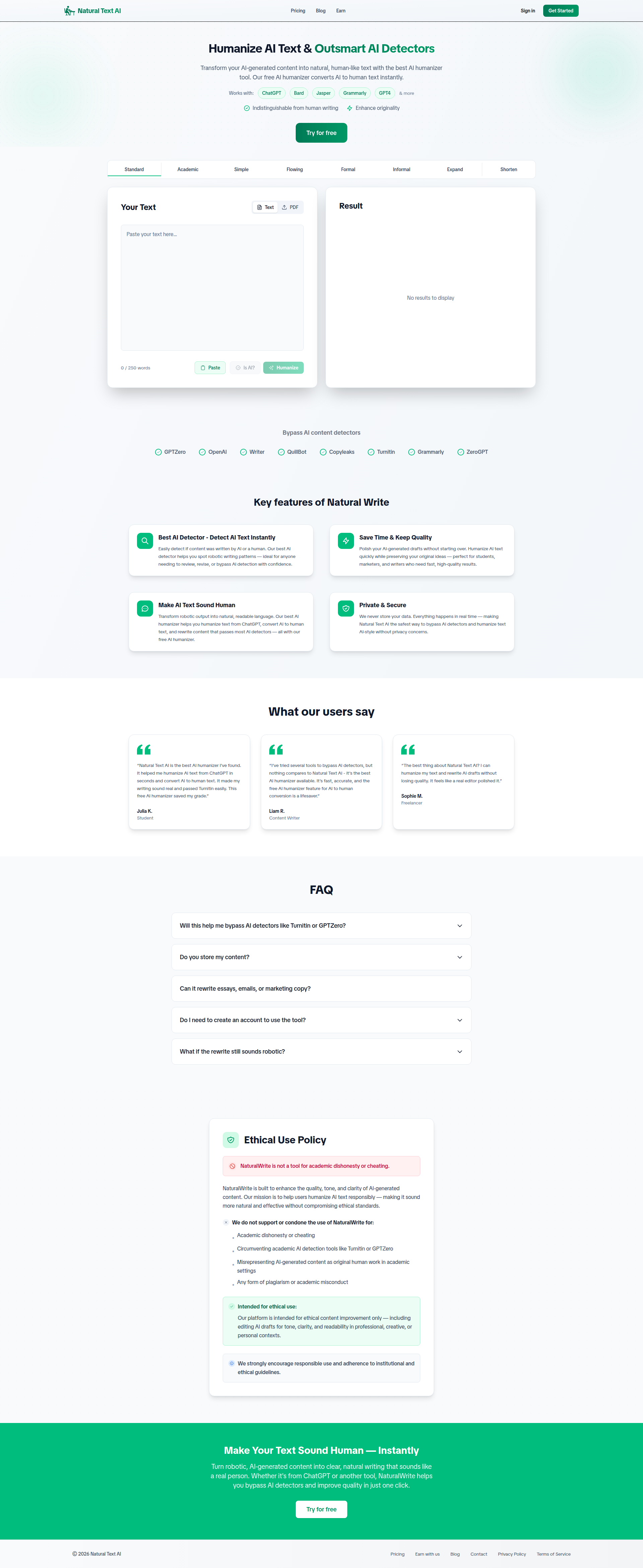 Landing page screenshot for naturaltextai.com, 1920 by 4682 pixels