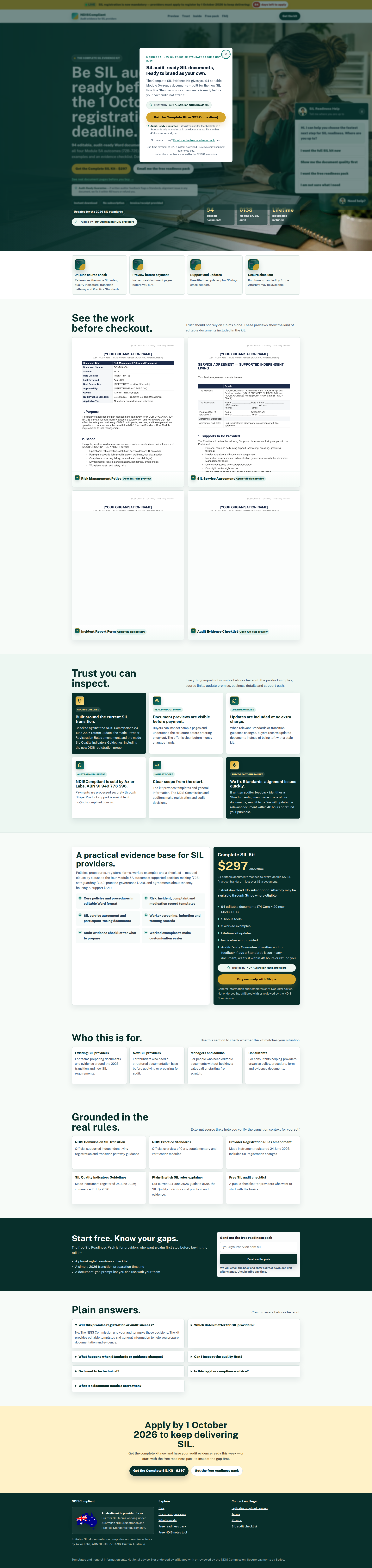 Landing page screenshot for ndiscompliant.com.au, 1920 by 8080 pixels