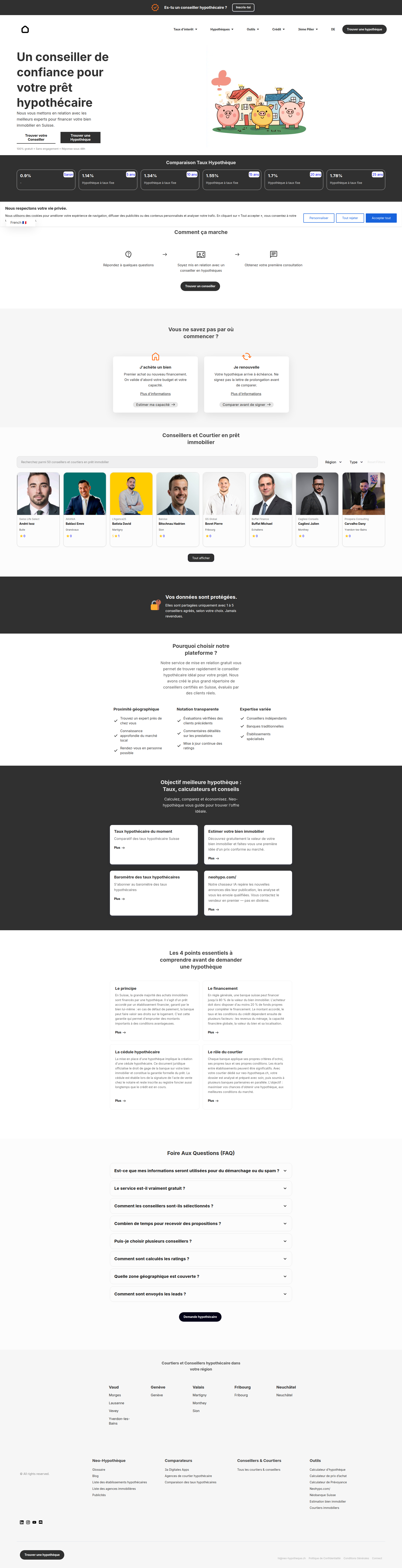 Landing page screenshot for neo-hypotheque.ch, 1920 by 7479 pixels