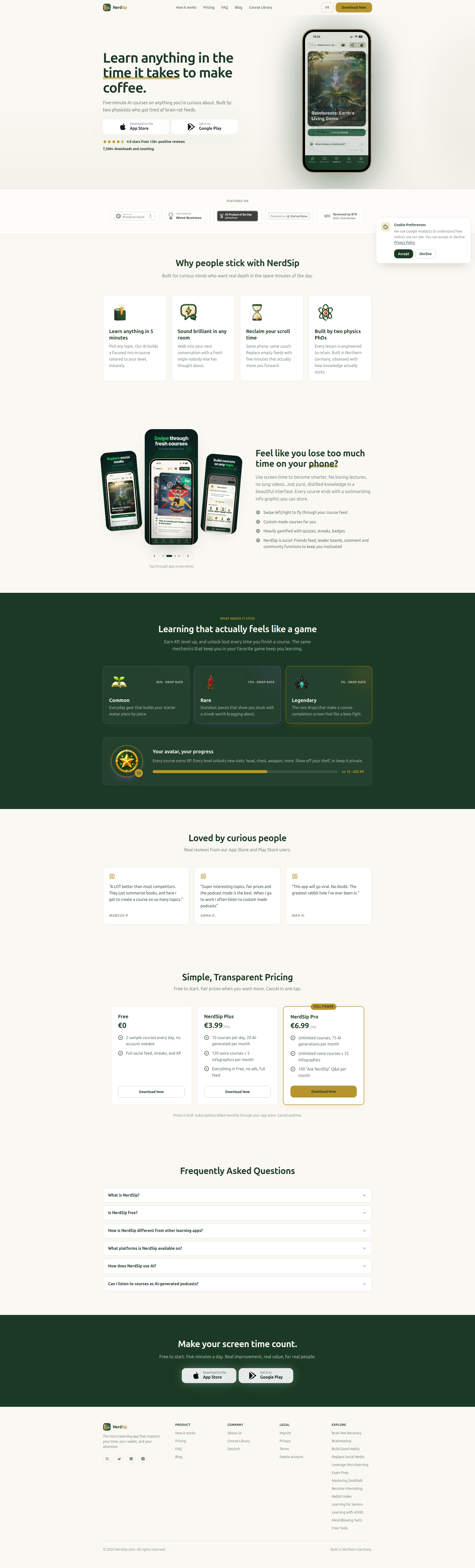 Landing page screenshot for nerdsip.com, 1920 by 6332 pixels