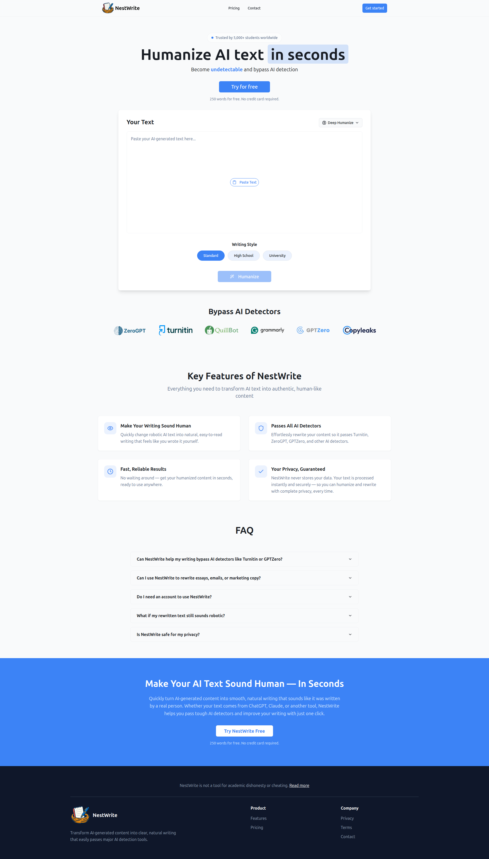 Landing page screenshot for nestwrite.com, 1920 by 3374 pixels