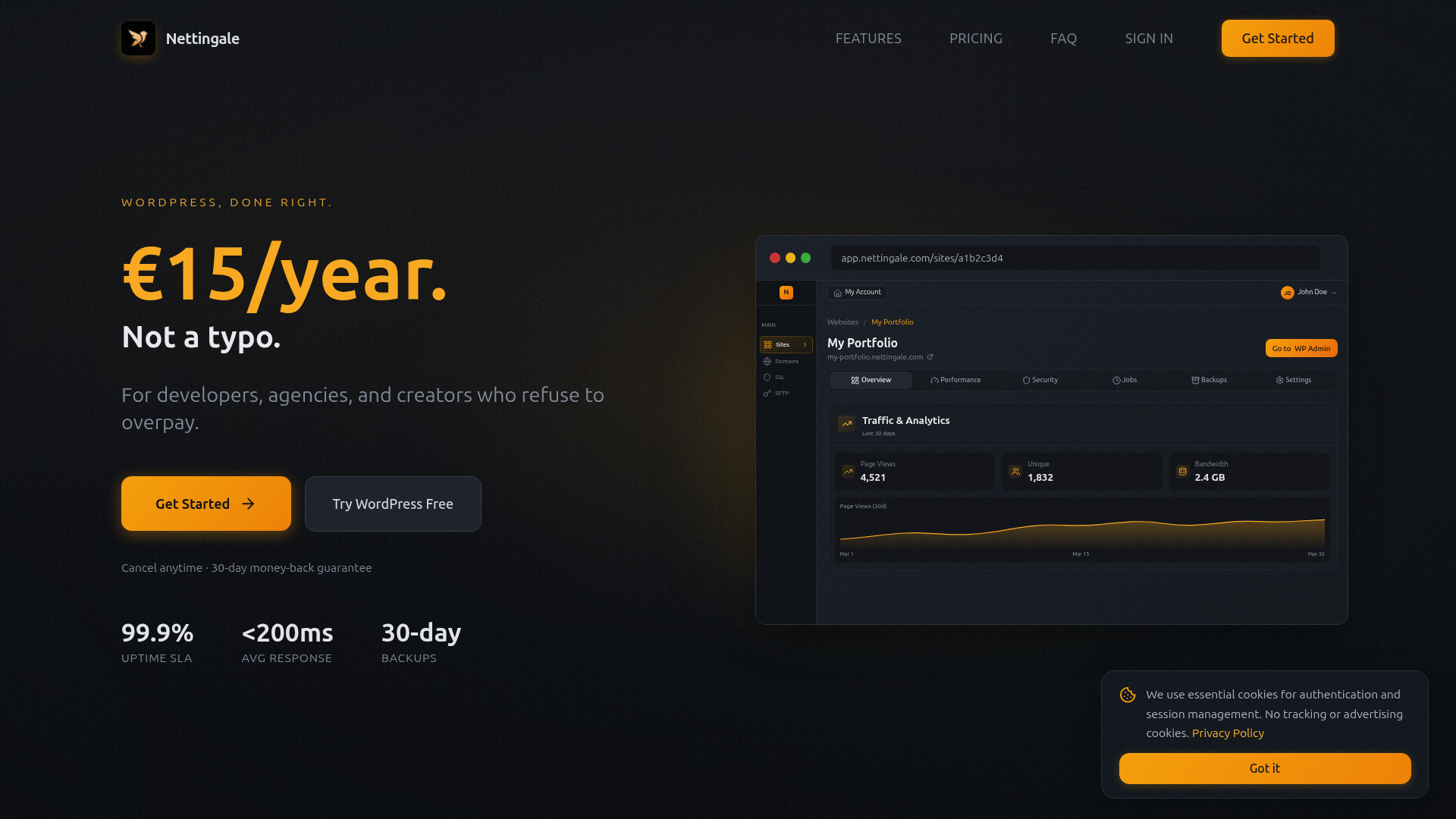 Landing page screenshot for nettingale.com, 1920 by 1080 pixels
