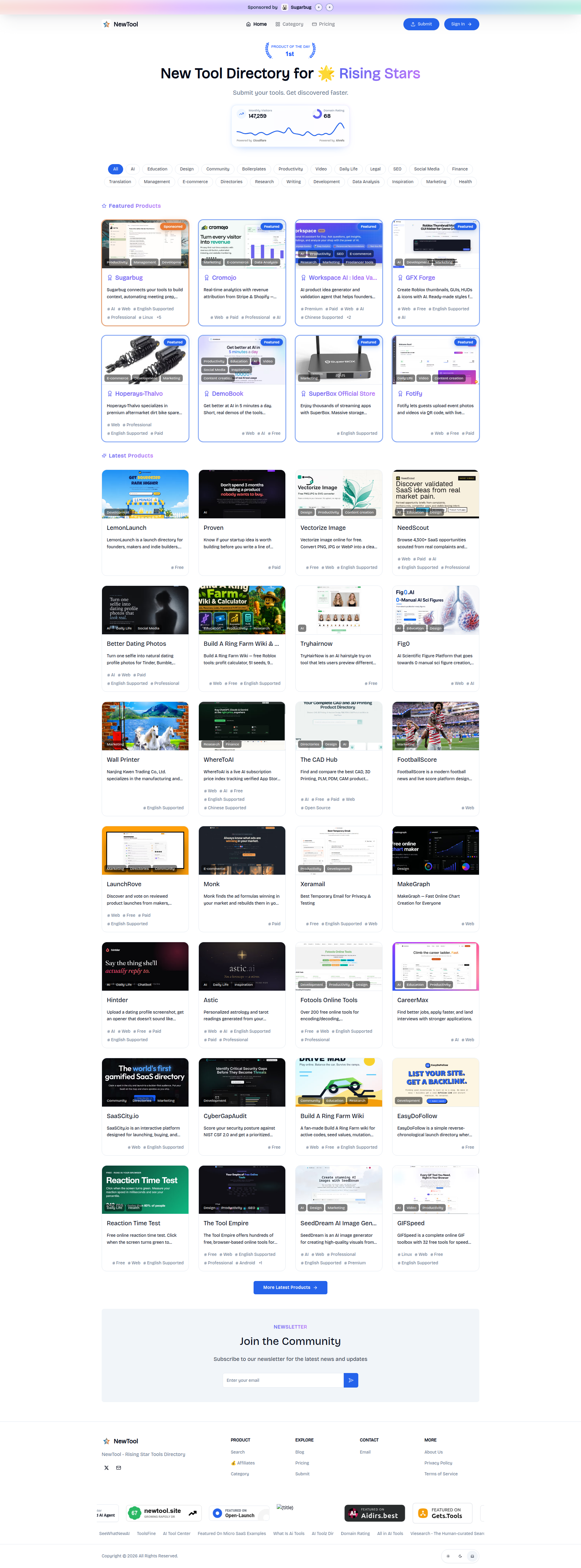 Landing page screenshot for newtool.site, 1920 by 5179 pixels